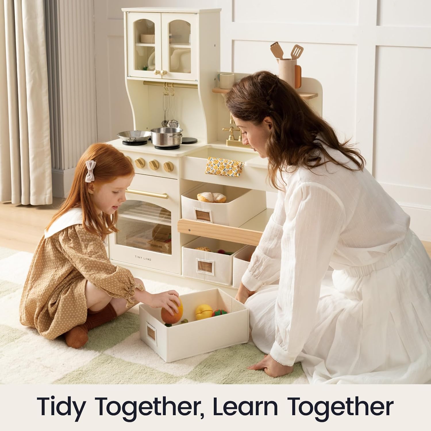 Tiny Land Wooden Play Kitchen for Kids – Enhanced Storage with Cabinets & Bins, Modern Toddler Kitchen Playset with Stove, Sink & Accessories - Image 5