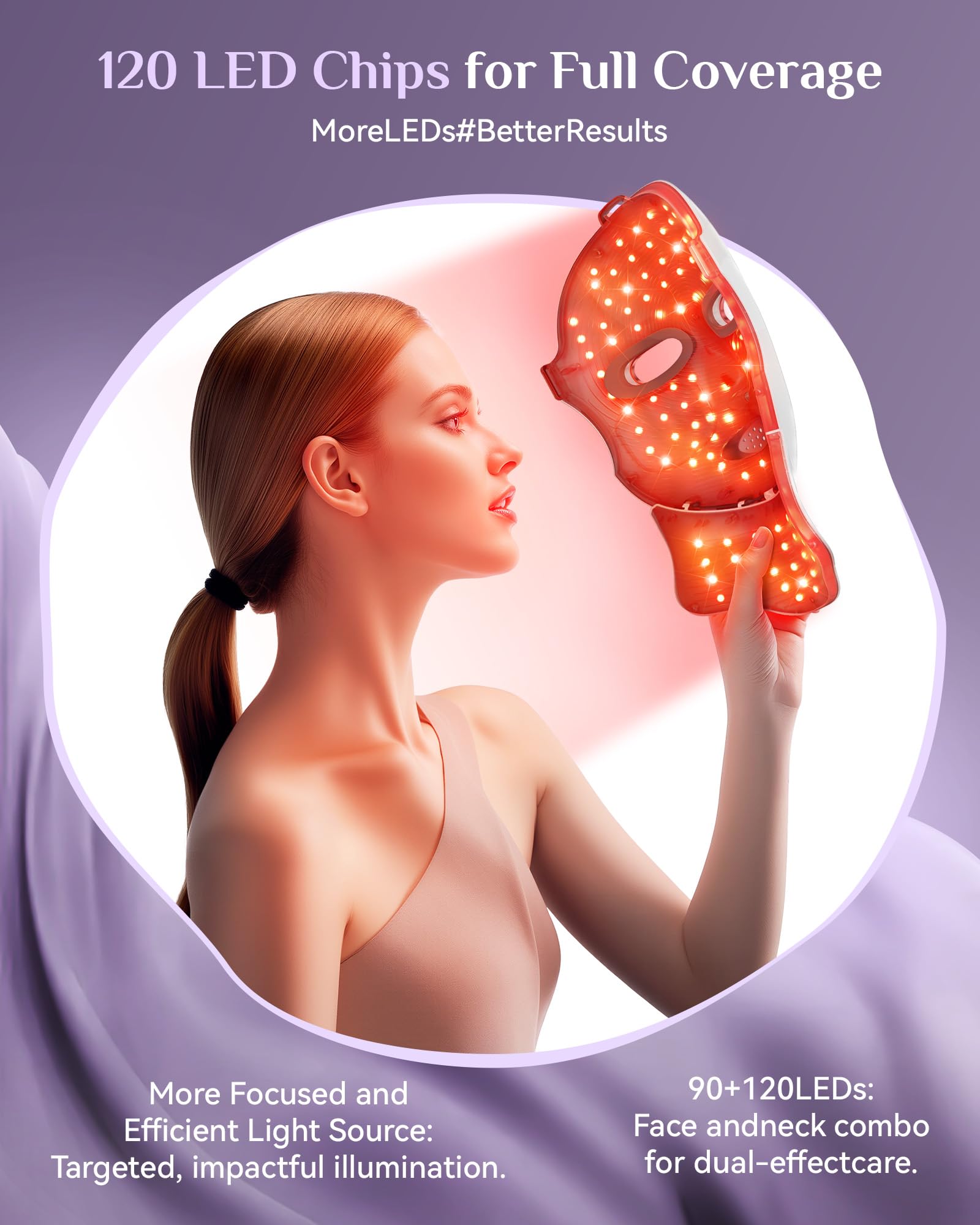 FOLOKE LED Light Therapy Mask Skin Care Mask, LED face & neck Red 630±5nm & NIR 830nm Wavelength,USB C Rechargeable for Home Use Working Travel Yoga (Sakura Pink）