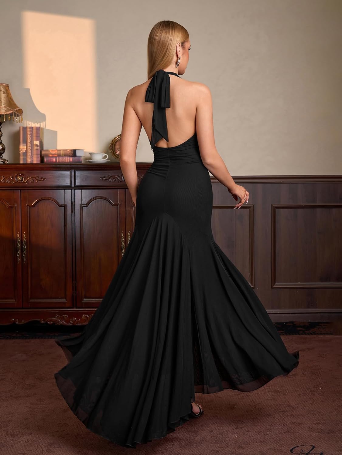 HTZMO Women Formal Sexy V Neck Halter Tie Maxi Dress Bodycon Flowy Wedding Guest Cocktail Elegant Long Dresses - Image 5