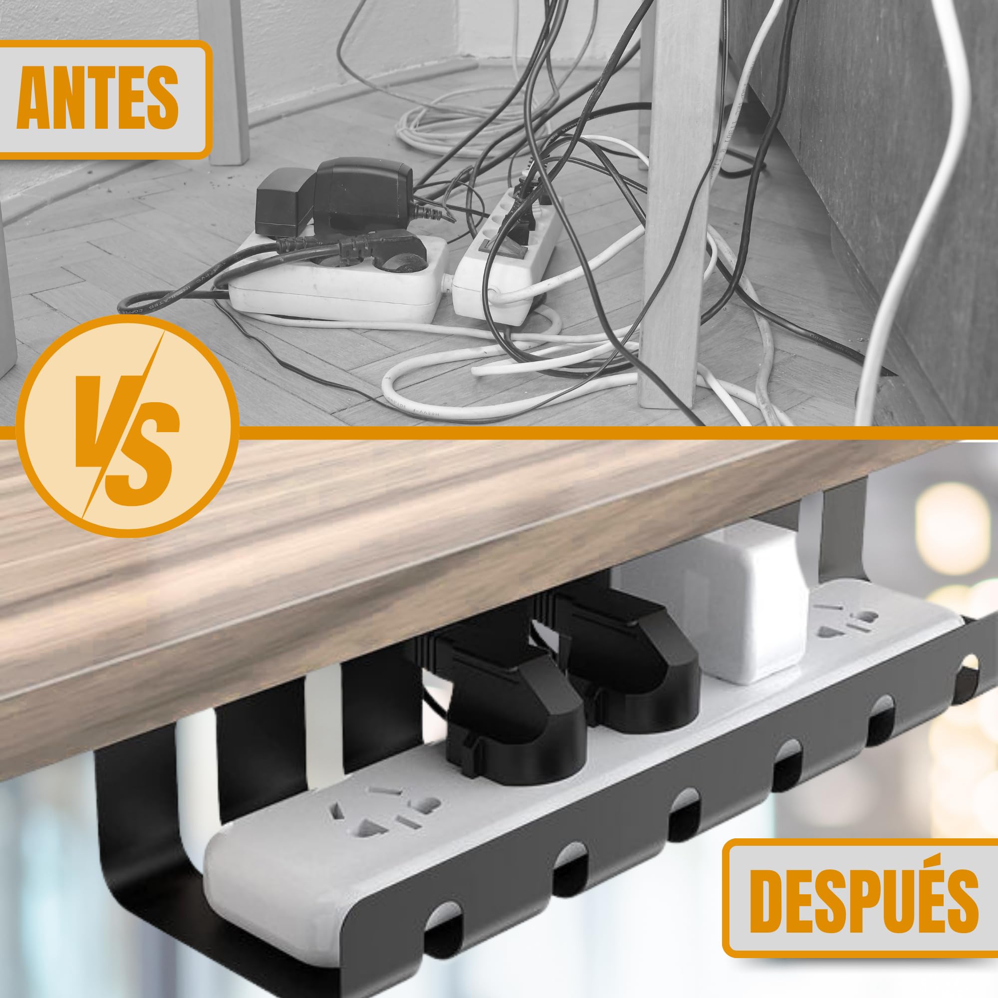 Bandeja Organizador Cables Escritorio, x2 organizadores de Cables, sin o con taladros, Incluye Soporte Auricular, Esconder Cables en tu Oficina/Casa, Bandeja Cables Escritorio.