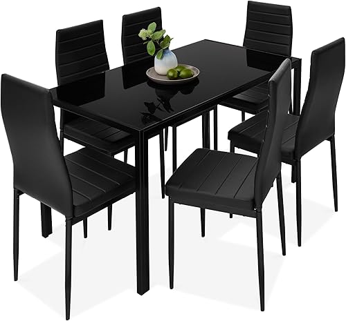 Best Choice Products Juego de comedor de cristal de 7 piezas, muebles de mesa de cocina modernos para comedor, comedor, compacto que ahorra espacio