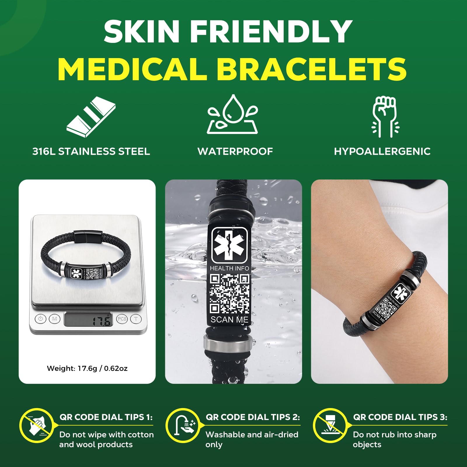 Verbessertes medizinisches Armband für Herren mit QR-Code, medizinische Notfall-ID-Armbänder – 17,8 cm – 20,3 cm, gewebtes Vintage-Lederarmband, Schnalle, mehr Platz sparen,