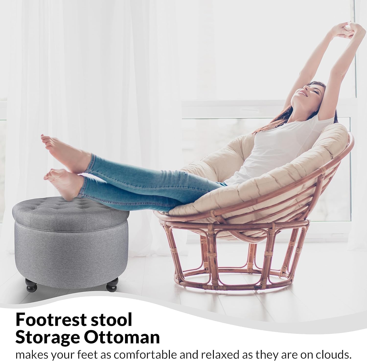 Elevon Large Button Tufted Accent Round Storage Ottoman Upholstered Ottoman with Storage for Living Room & Bedroom, 24.4" x 24.4" x 16.9", Gray