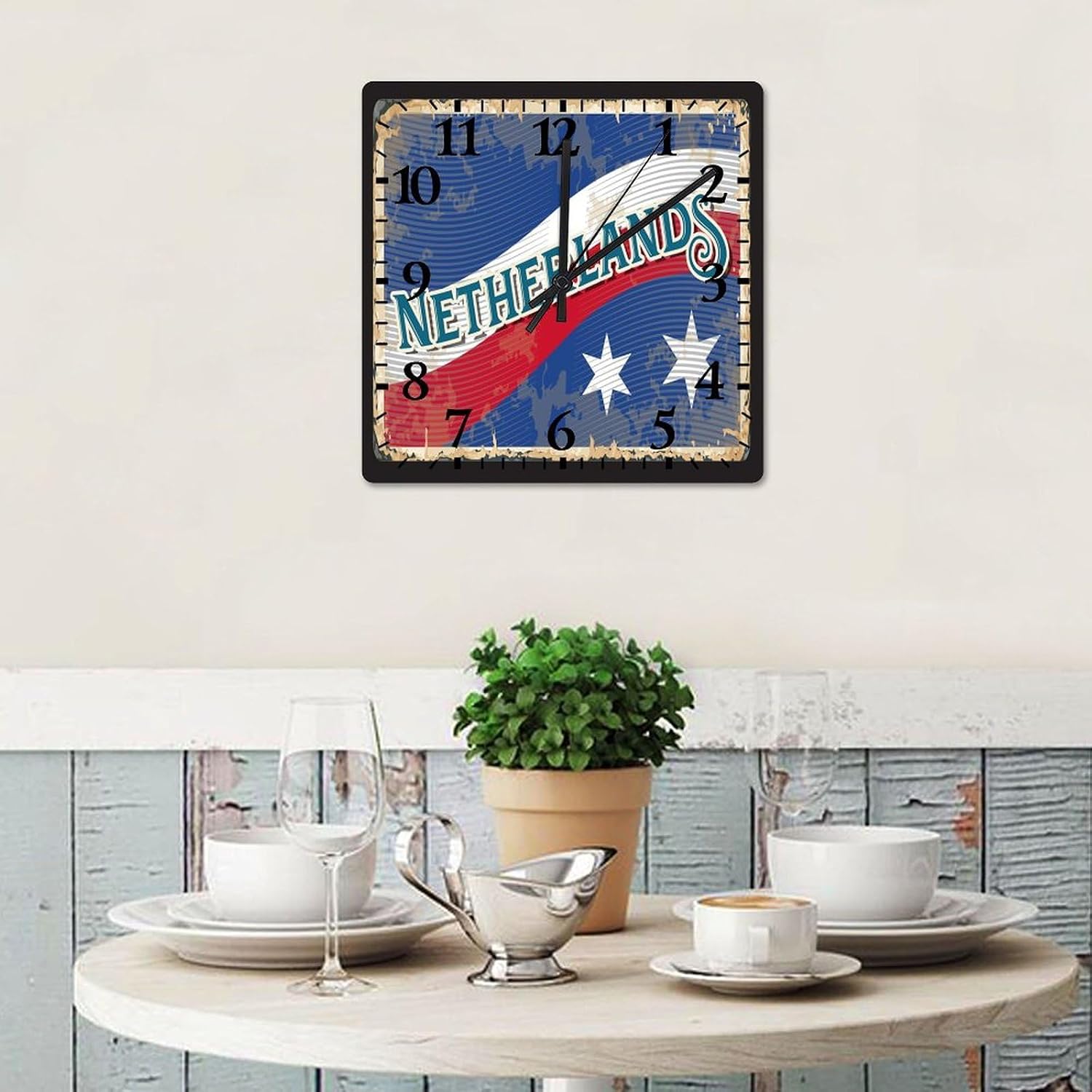 Netherlands Flag Clock Netherlands Large Wooden Wall Clock Battery Operated Silent 15 Inch Farmhouse Wall Clock Decorative for Home Kitchen Living Room Bedroom Office
