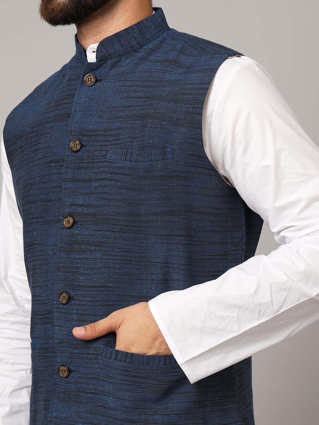 LATEST CHIKAN Men's Nehru Jacket/Waistcoat Sophisticated Ethnic Wear - SADRI-DK-BL-40 - Image 6 thumbnail