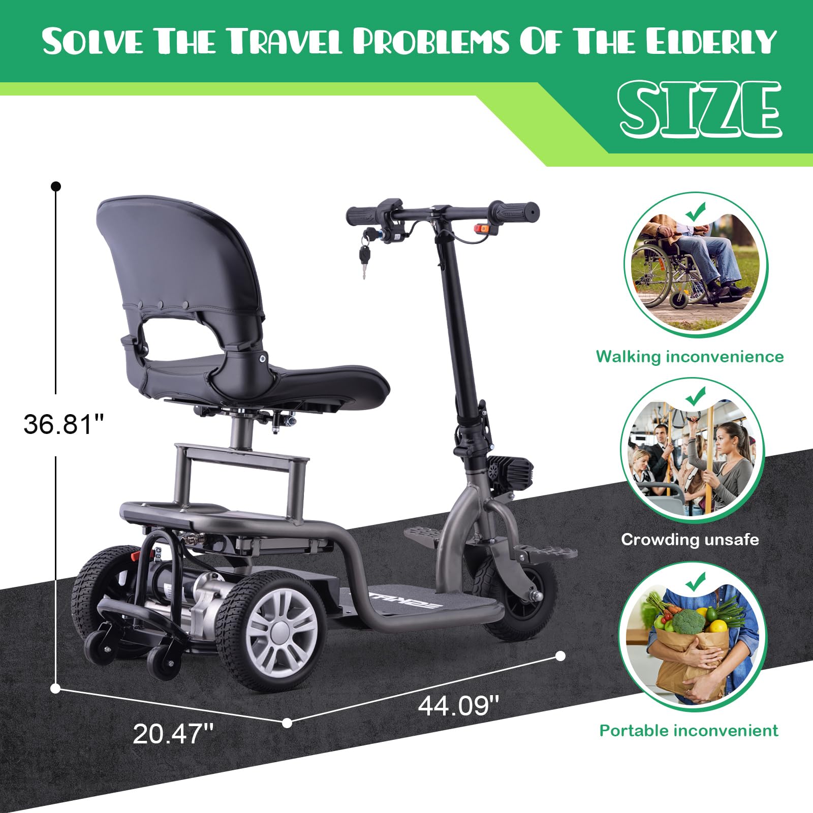 NEW-SKRT Compact Mobility Scooter for Seniors Adults, 3 Wheels Electric Scooter with Detachable Battery, Rotatable Seat and Foldable Handlebar, Led lights, 300lb Weight Capacity, Charger Included (BK)