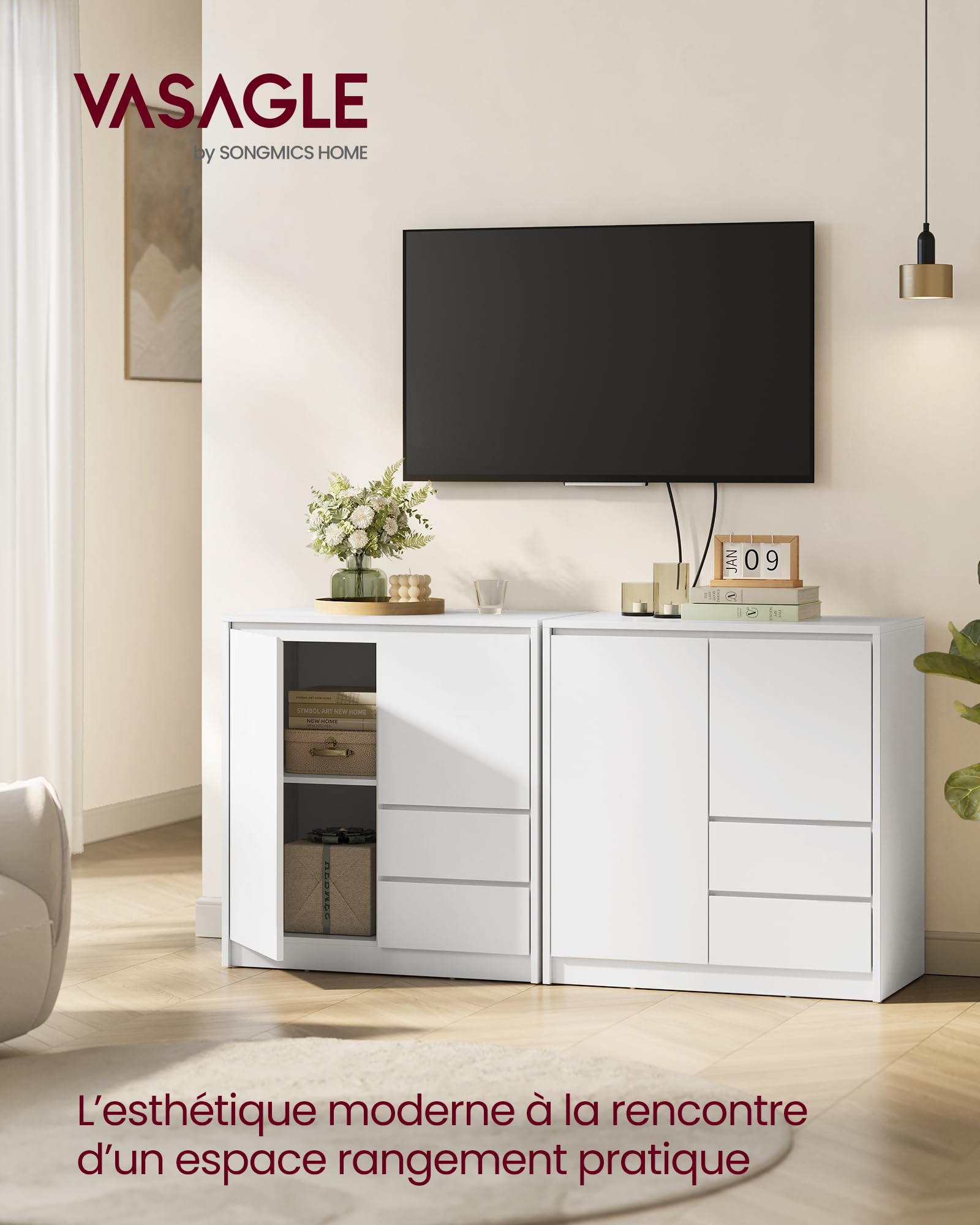 VASAGLE Kailyn Collection - Buffet, Armoire de Rangement, avec Porte et Étagère Réglable en Hauteur, 2 Tiroirs, Moderne, 70 x 40 x 74,5 cm, pour Salon, Salle à Manger, Bureau, Blanc Nuage BBK243W01V1