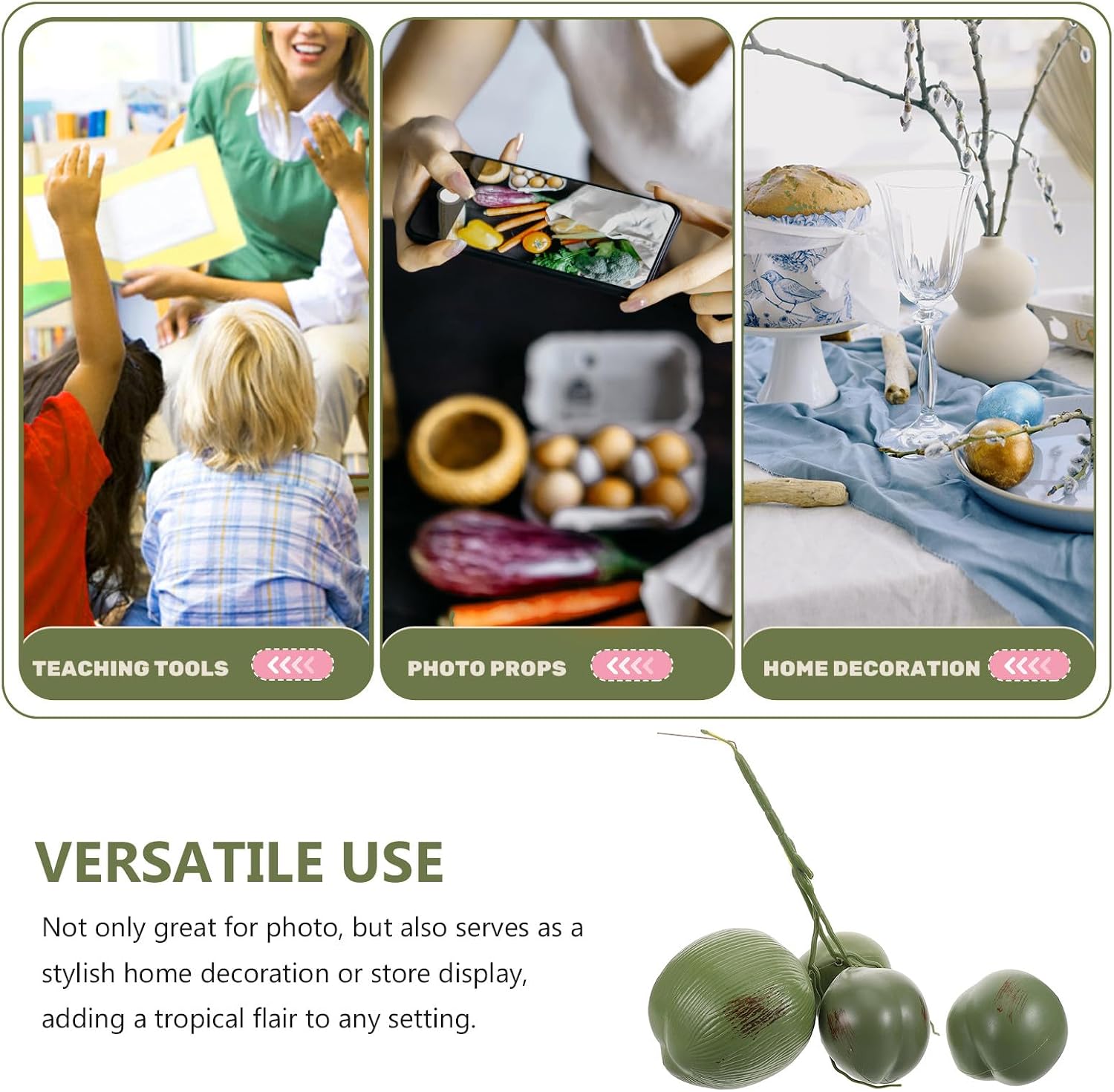 Realistic Artificial Coconut Model 3pcs Set Plastic Lifelike Fake Fruit for Tropical Party Decor Photo Props Summer Home Display