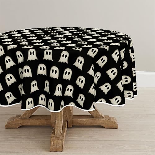 Horaldaily Mantel redondo de Halloween de 70 x 70 pulgadas, lindo fantasma negro, lavable, para decoración de fiestas, pícnic, cenas