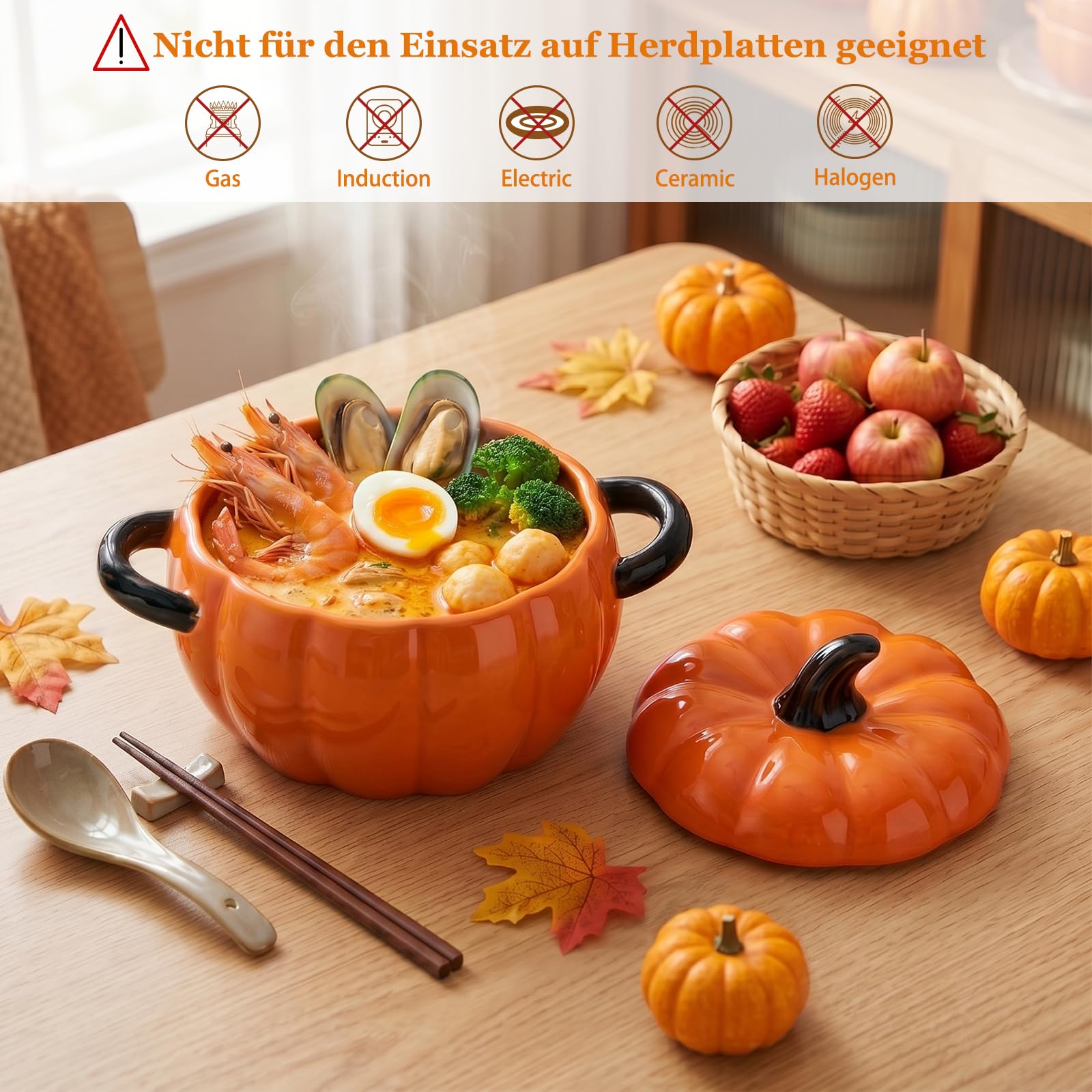 Justup Cuenco de sopa con asa, olla de cerámica de 1,9 l de calabaza, cerámica para servir cuencos para hornear, recipiente con tapa, decoración de Halloween, utensilios de cocina para el hogar