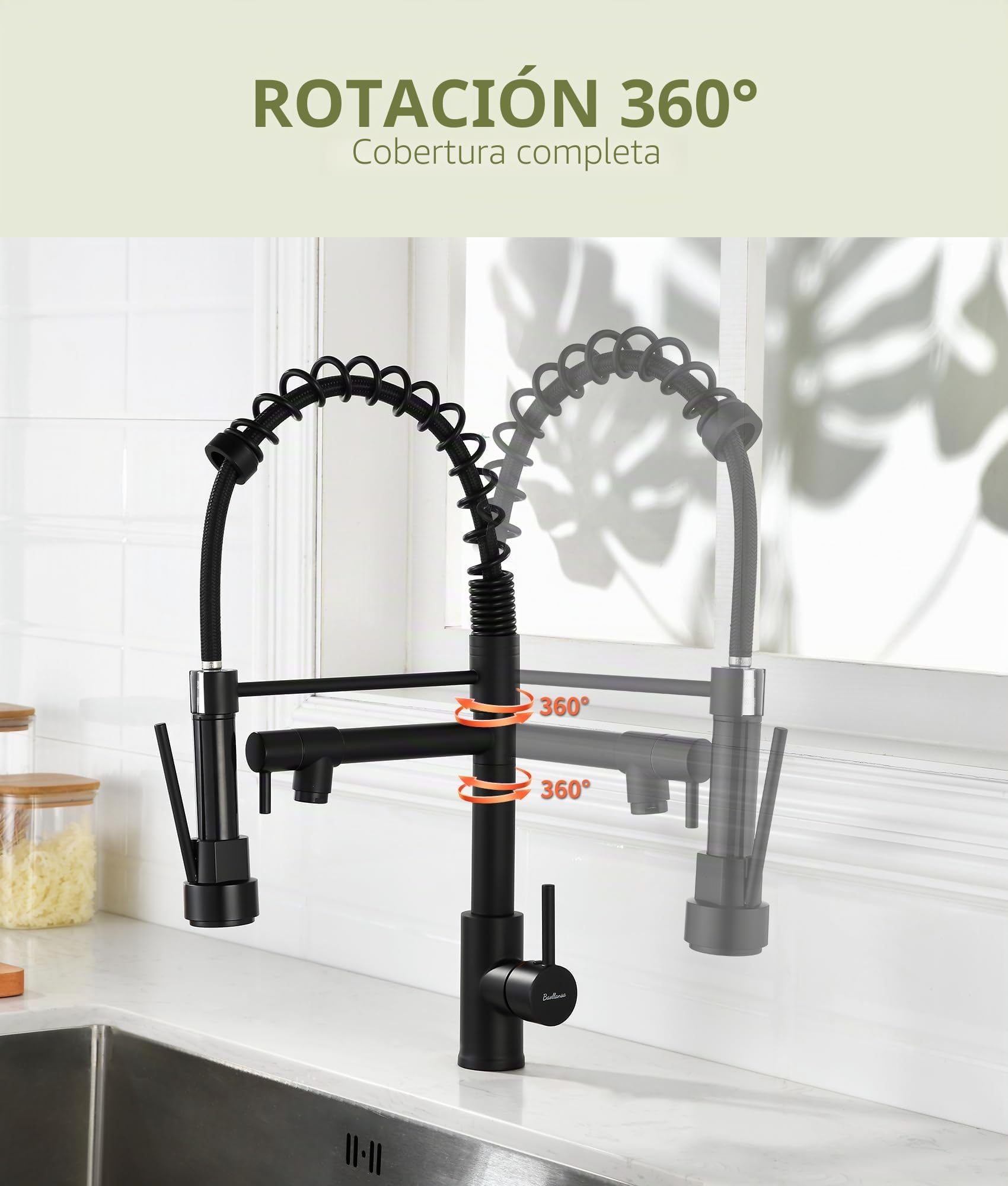 Grifo de cocina - Grifo de cocina con ducha extraíble, giratorio a 360°, mezclador de alta presión para cocina, grifo de fregadero de cocina de doble pulverización en acero inoxidable, negro