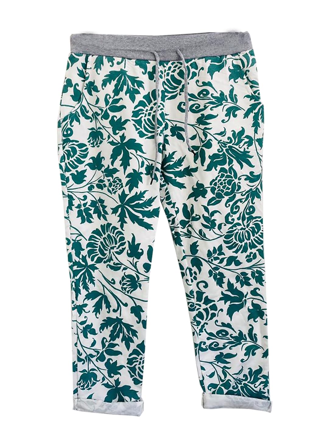 c2pwear Womens Elasticated Waist Turn Up Italian Trousers Side Pocket Drawstring Summer Pants