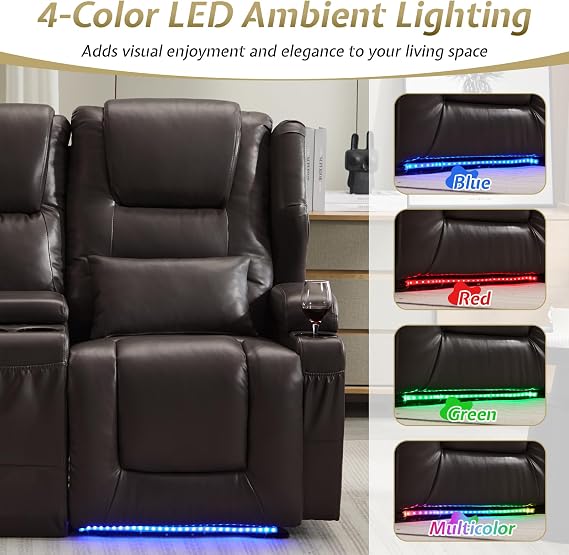 SAMERY Wall Hugger Electric 2 Seater Recliner Sofa, Compact Faux Leather Electric Recliner Armchair Reclining Sofa Chairs with Console, Cup Holders, USB Type-C Ports for Living Room (Brown, 2 Seater) | Wall Hugger 1 Gap, Independent Recline, Compact 2-Seater, Console Cup & USB, Fits 23 Doors, Durable Frame 350lbs