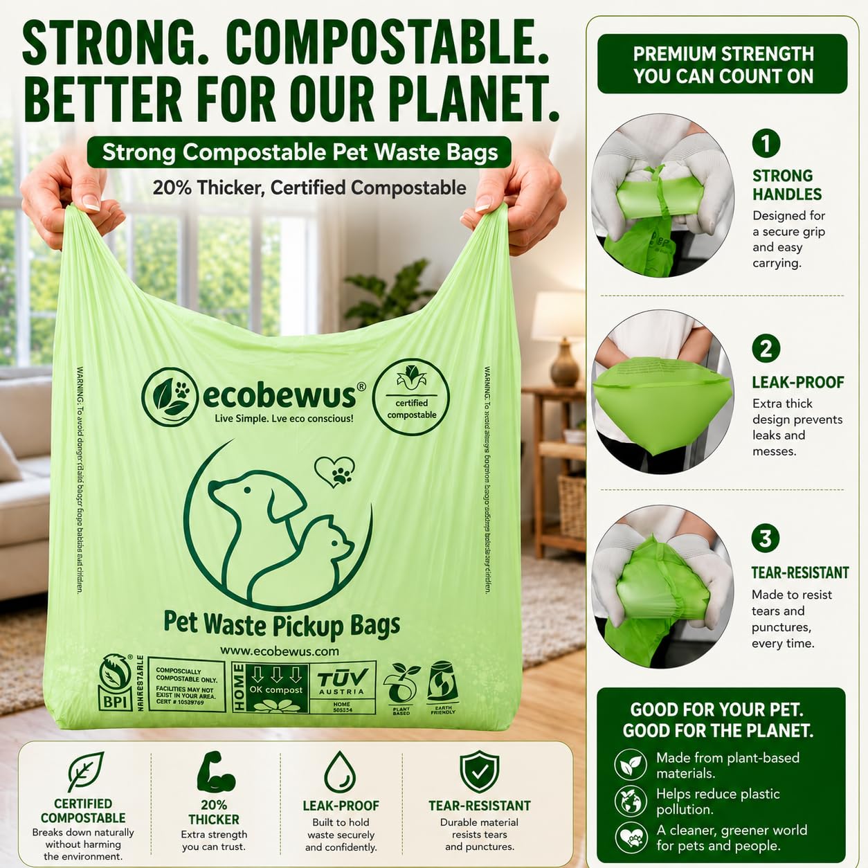 Bolsa de eliminación de residuos de mascotas 100% compostable (120 bolsas) a base de plantas para gatos y excrementos, bolsas de recogida de excrementos de perro con asas, sacos de pañales US BPI ASTM