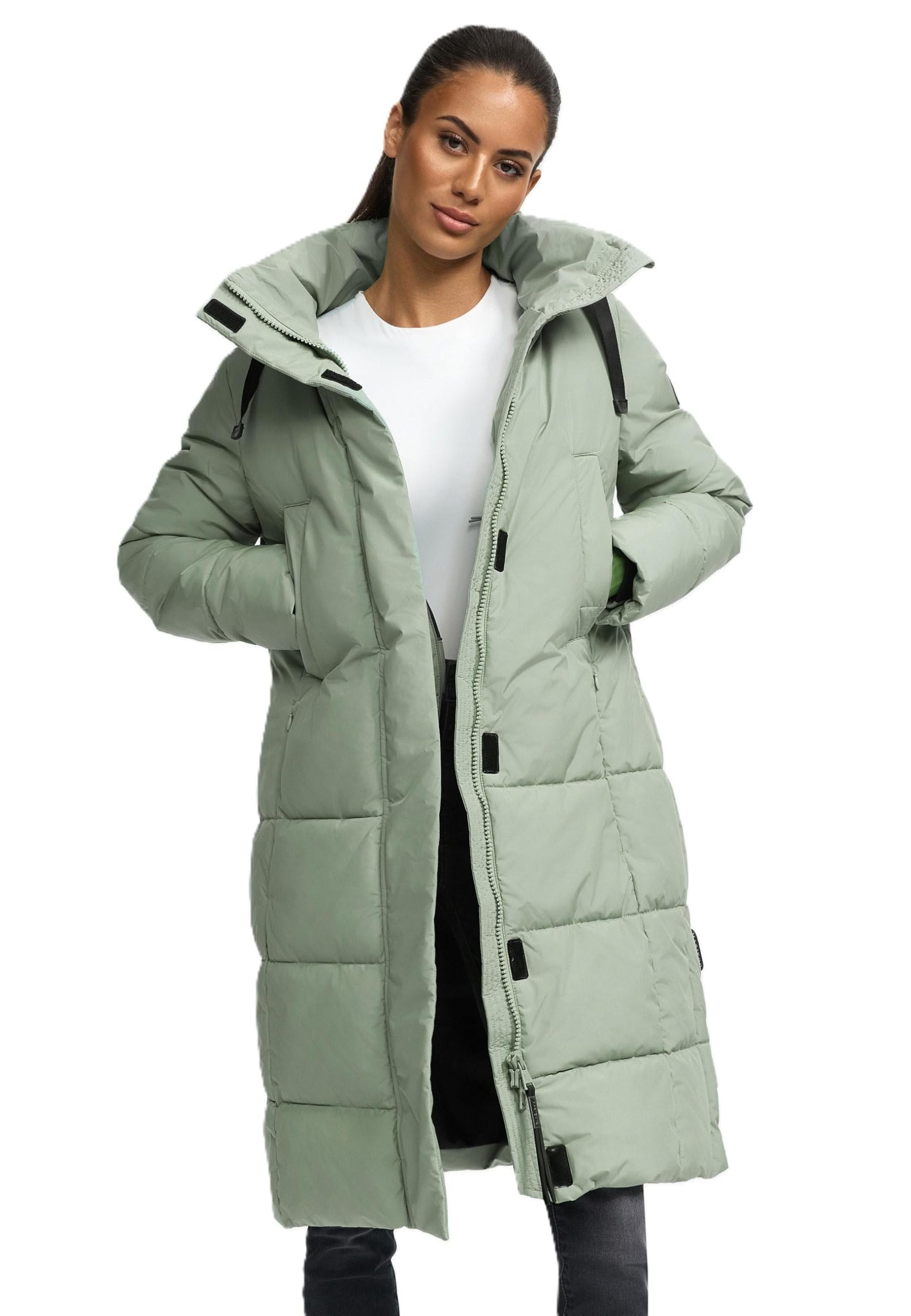 MARIKOO Damen Winterjacke (S-3XL) - Steppjacke, lang geschnitten, seitliche Gehschlitze, Kapuze (abnehmbar), Warme Jacke Frauen - N001