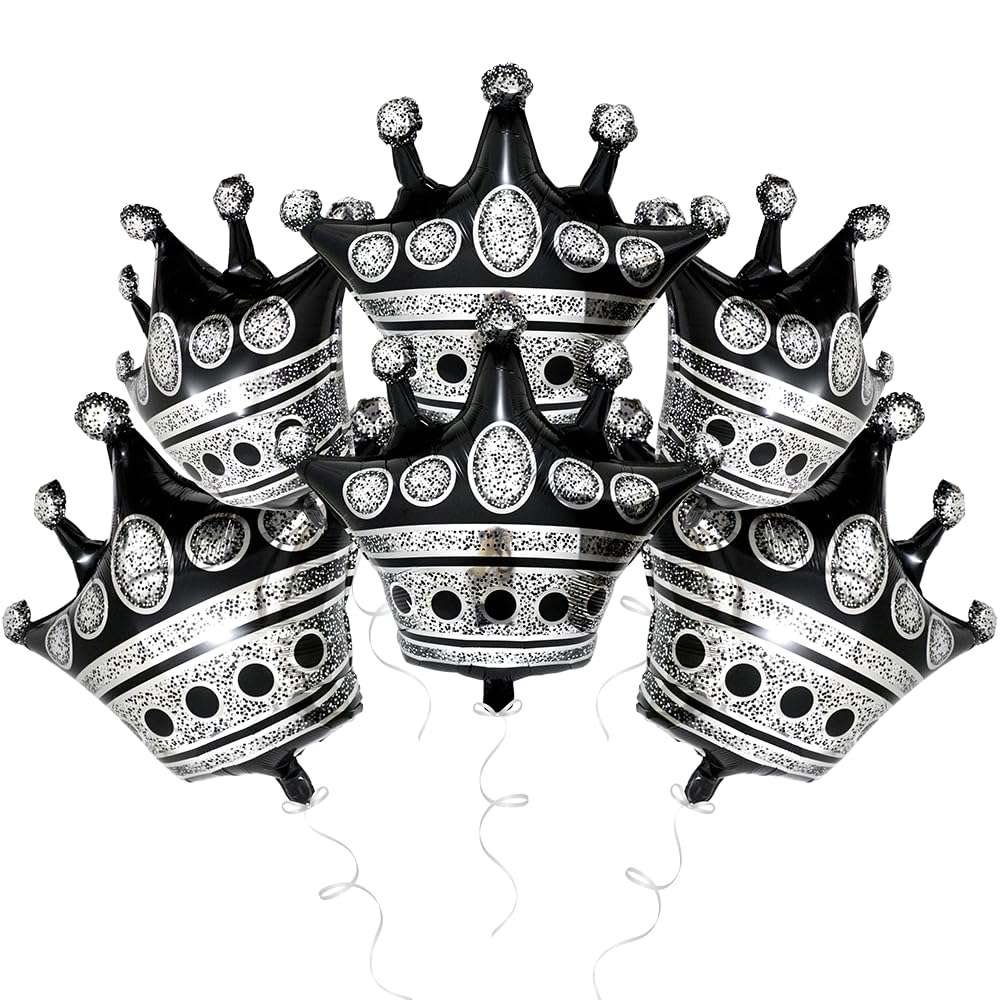 Black Silver Crown Balloon Shiny Crown Royal King Queen Prince Princess Party Supplies, 6 Pack Cute Crown Shape Balloons For Birthday Wedding Anniversary Christmas Bridal Shower Party Decorations