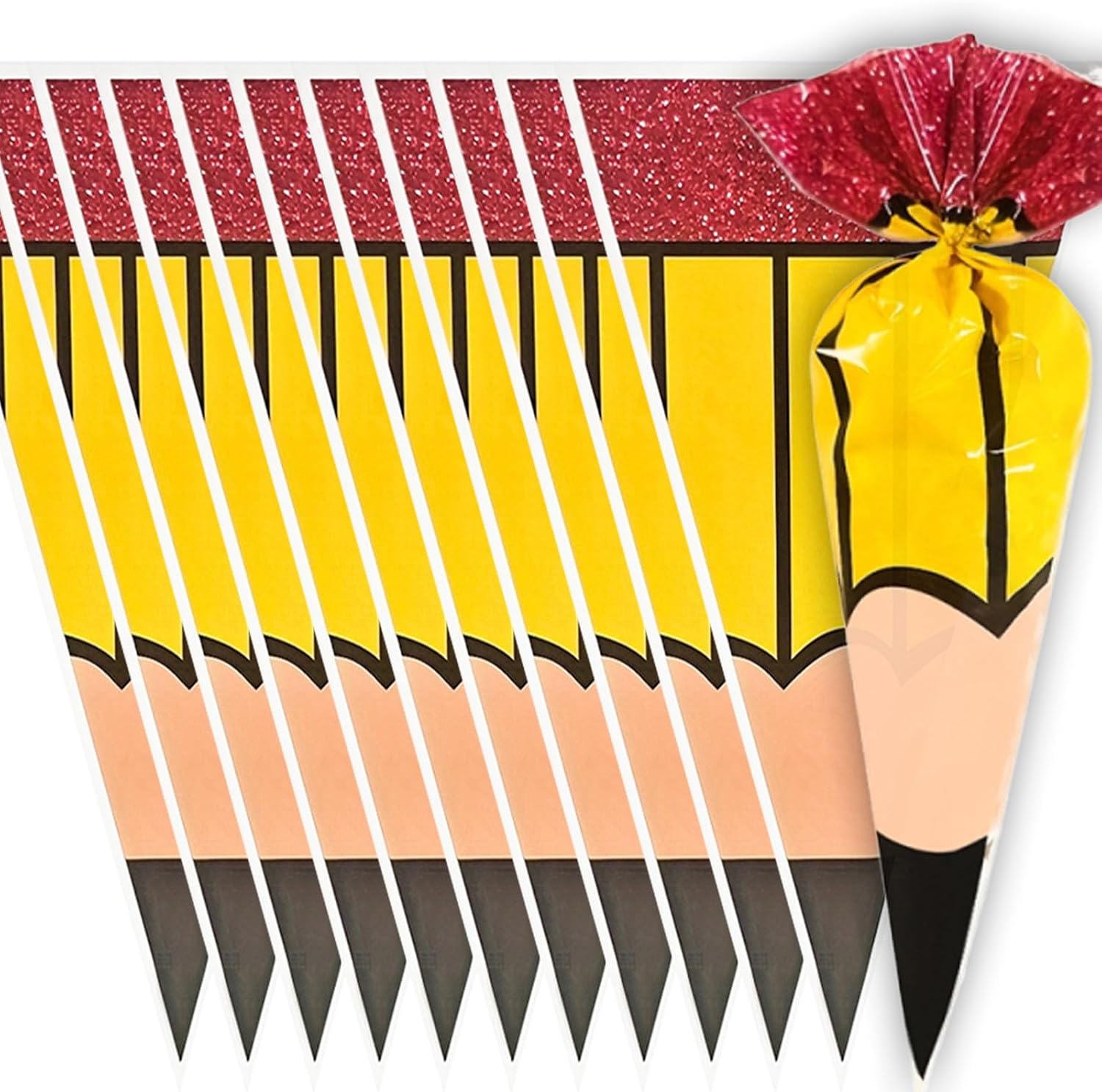 QDTK Back to School Cellophane Goodie Bags 50Pcs Pencil Cone Snack Candy Bag Plastic Treat Bags with Ties for Gifts Cookies First Day of School Welcome Back Party Favor Supplies