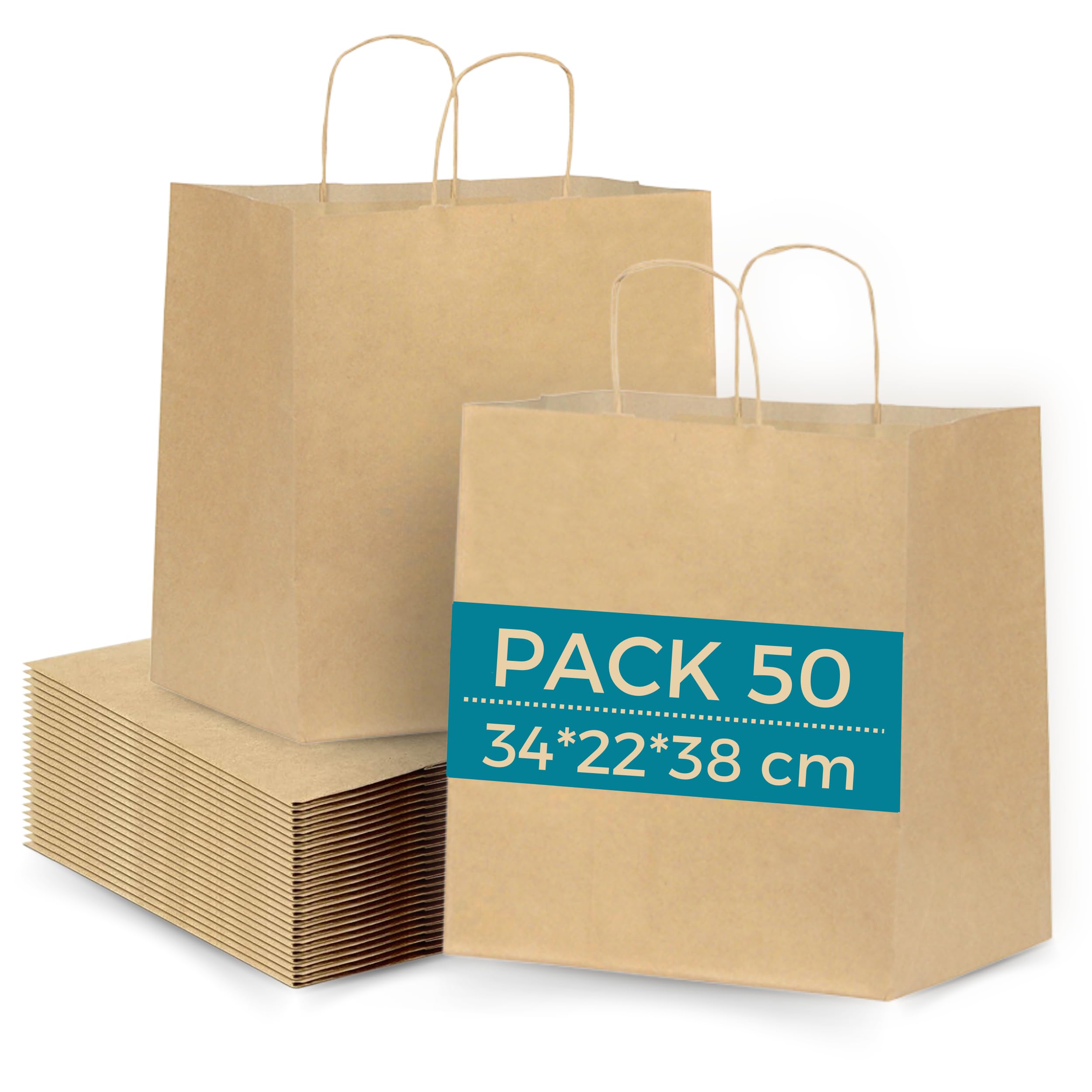 50 Sacs en Papier Kraft 34x22x38 cm avec Poignées | Sac Take Away : Sachet Alimentaire pour Emporter | Sac Cadeau pour Noël