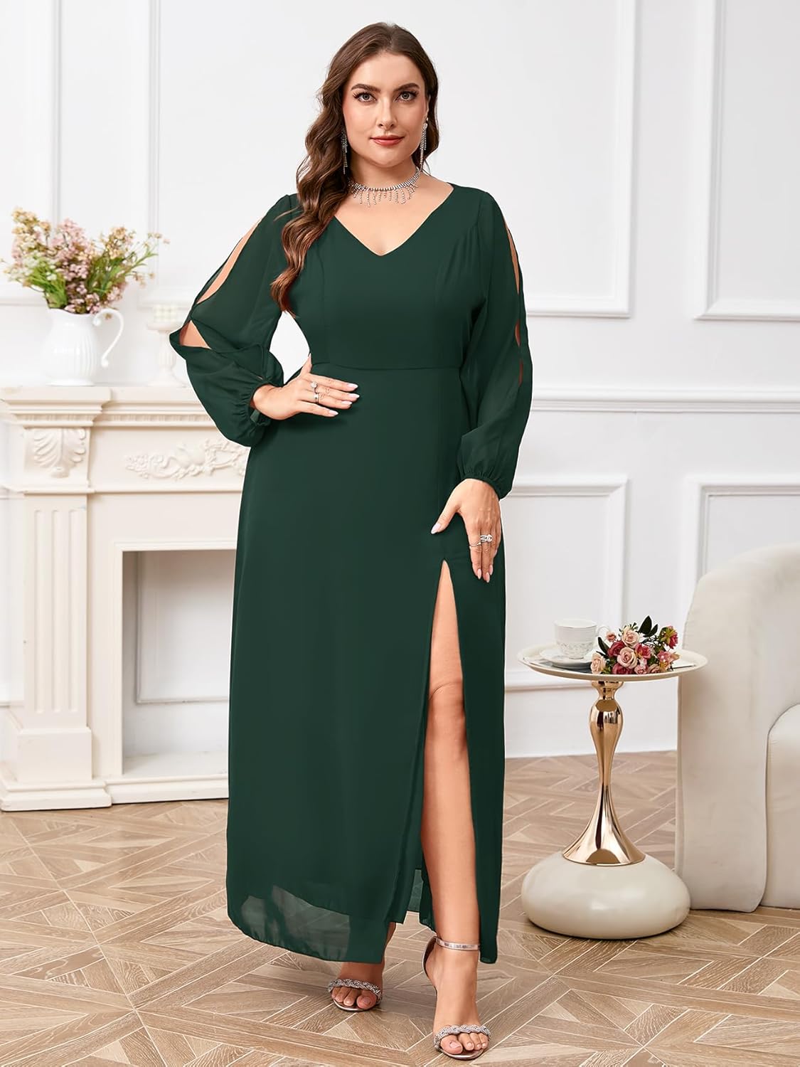 ZOMVA Plus Size Chiffon Maxi Dress V-Neck A-line Long Sleeve Front High Slit Formal Dress Mother of Bride Wedding Guest - Image 5