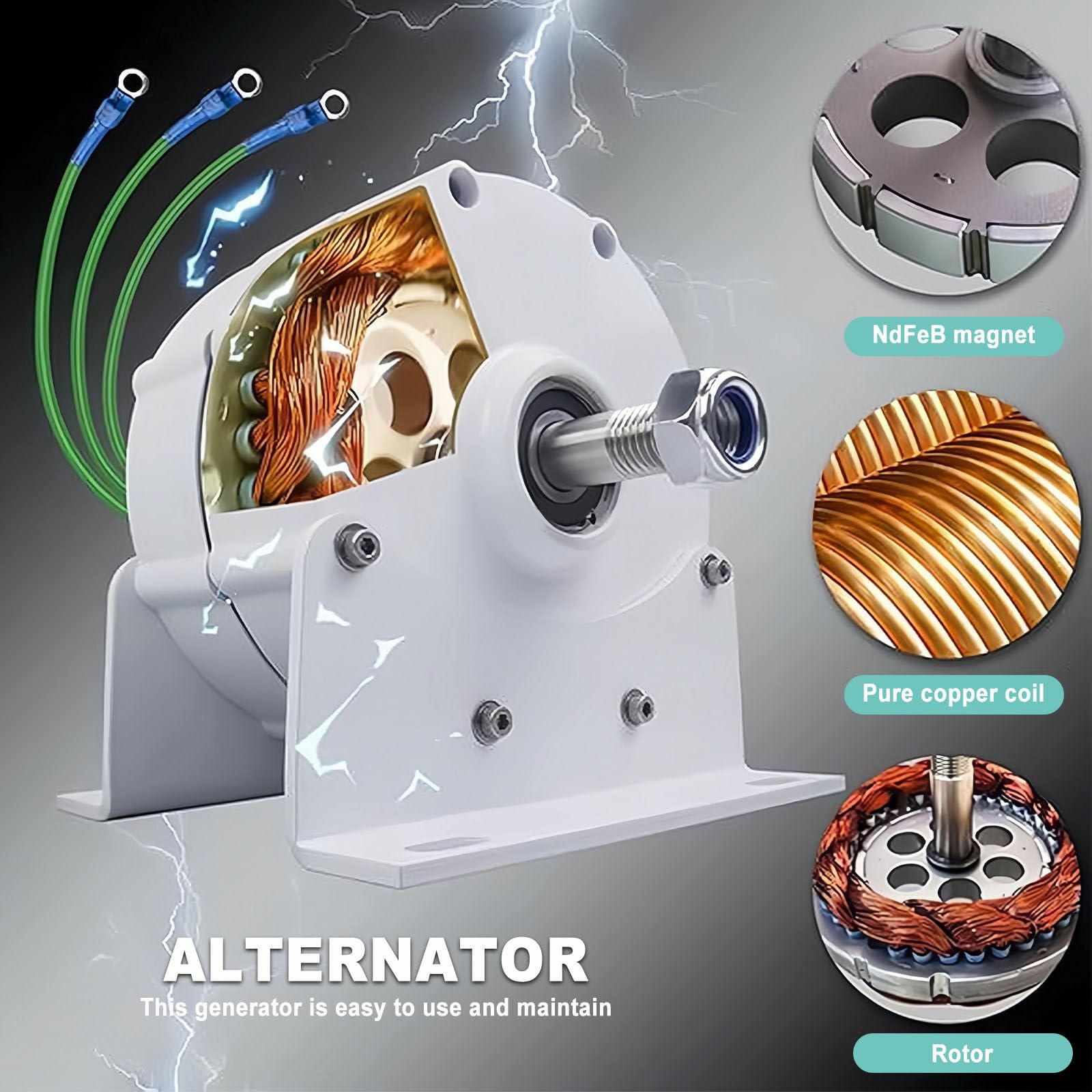 Generatore A Magnete Permanente da 12000 W Senza Ingranaggi, Alternatore A Bassa velocità da 12V, 24V, 48V, Generatore Eolico Domestico, Alternatore Trifase con Base per Turbina Eolica,220V