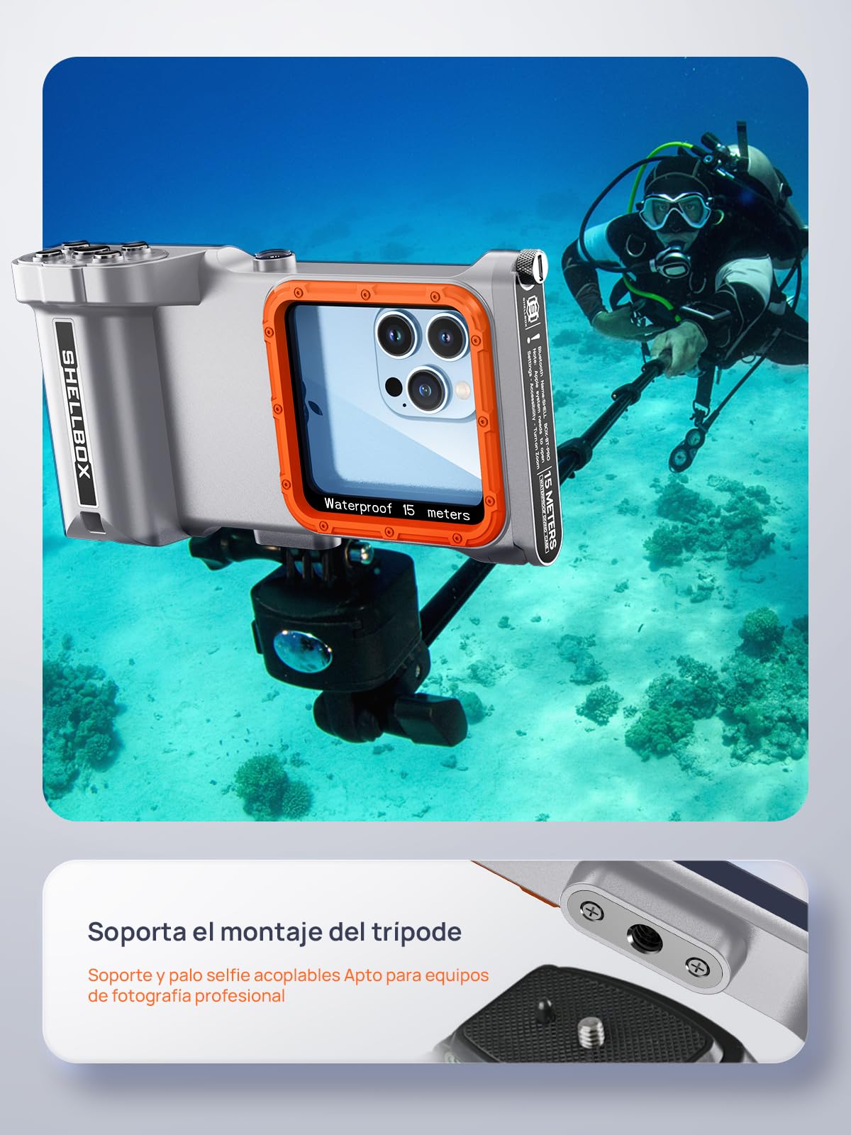 Lanhiem Funda Impermeable Profesional subacuática IP68 15M - para teléfonos iPhone, Samsung, Huawei y Xiaomi (hasta 6,9"). Control fotográfico Bluetooth y brújula para Tus Aventuras, Gris