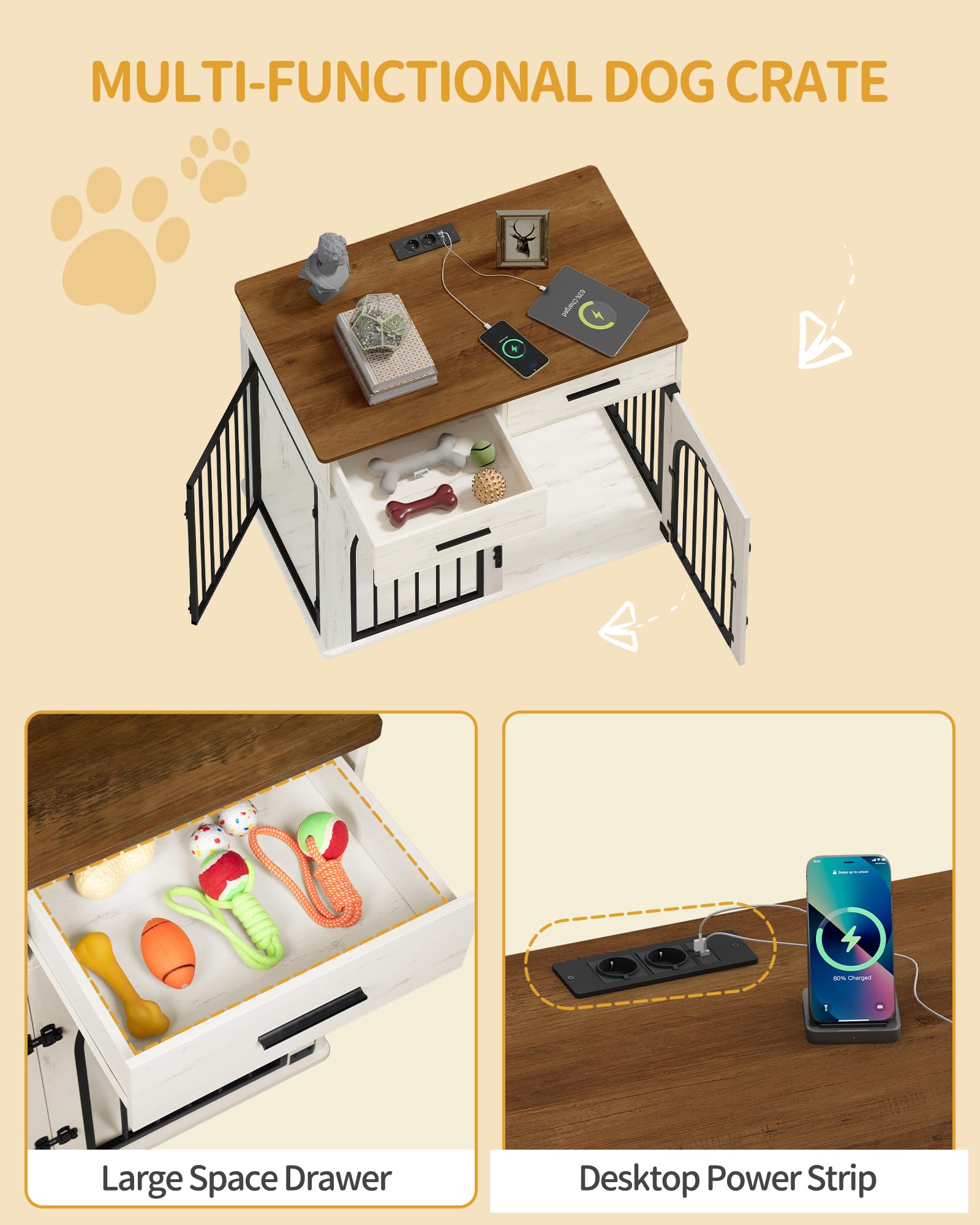 Hzuaneri 100 cm Hundekäfig Möbel mit 2 Schubladen, Hundebox für den Innenbereich mit Ladestation, Hundebox aus Holz Beistelltisch, Hochbelastbar Hundekäfig für Große Hunde, Weiß Braun DFC87214B