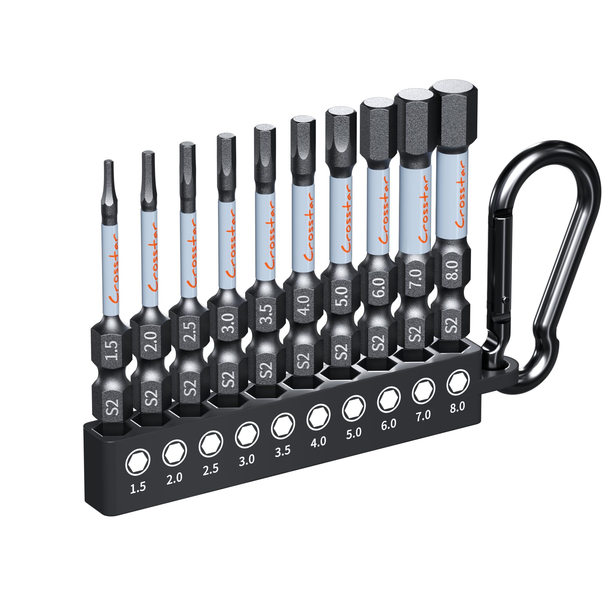 Crosstar 10 Pcs 2 Inch Impact Short Hex Bit Set,Magnetic,Metric