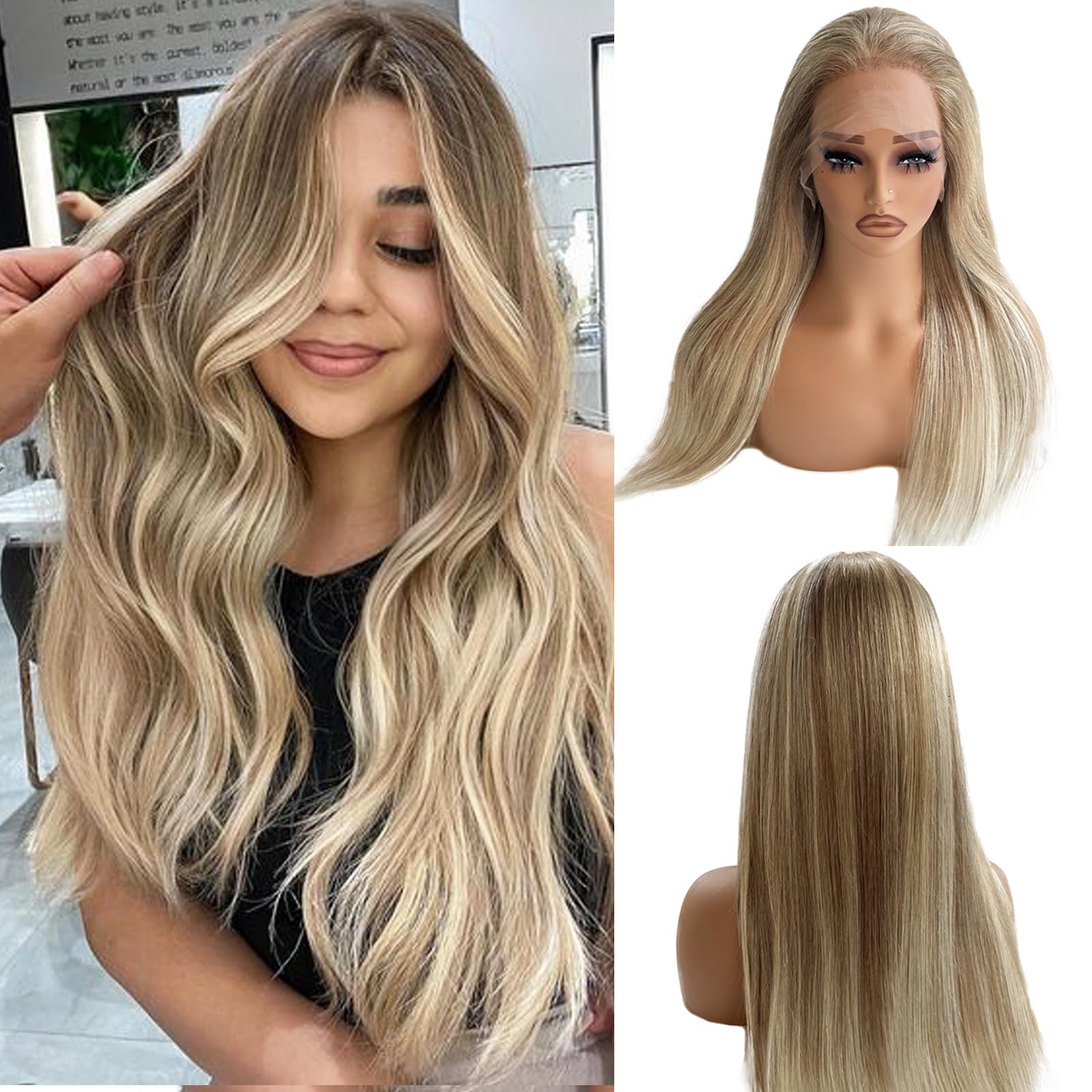 13x4 Straight Lace Front Wigs Human Hair for Women, 24 Inch Highlights Ombre Ash Brown to Blond HD Lace Frontal Wigs Human Hair, Glueless Brazilian Virgin Human Hair Pre Plucked with Baby Hair