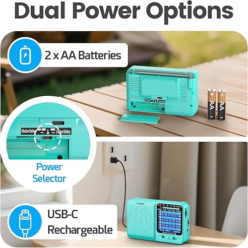 Miniatura 14 de PRUNUS J-711 Radio portátil AM/FM/SW1-SW7 Radio de onda corta, carga USB-C y funciona con pilas AA, excelente recepción, antena larga, conector
