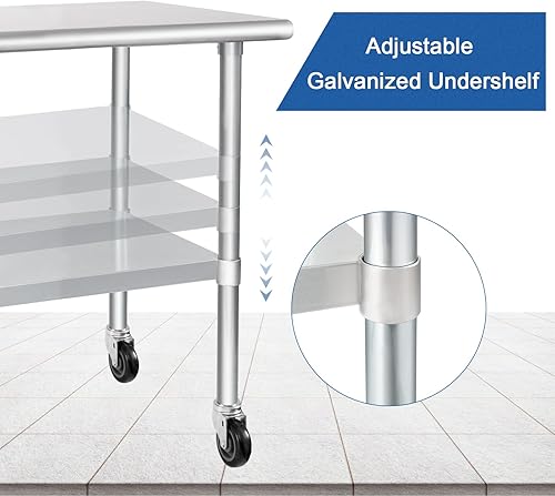 Miniatura 5 de HARDURA Mesa de acero inoxidable con ruedas de 24 x 60 pulgadas, ruedas NSF Mesa de trabajo y preparación comercial resistente con estante inferior