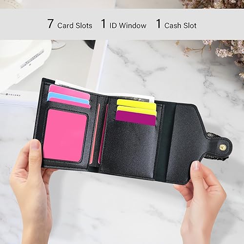 Miniatura 5 de Cartera delgada de PU para mujer, bolso corto de triple pliegue con hebilla de cabeza de dragón integrada en 7 ranuras, 1 ventana de identificación,