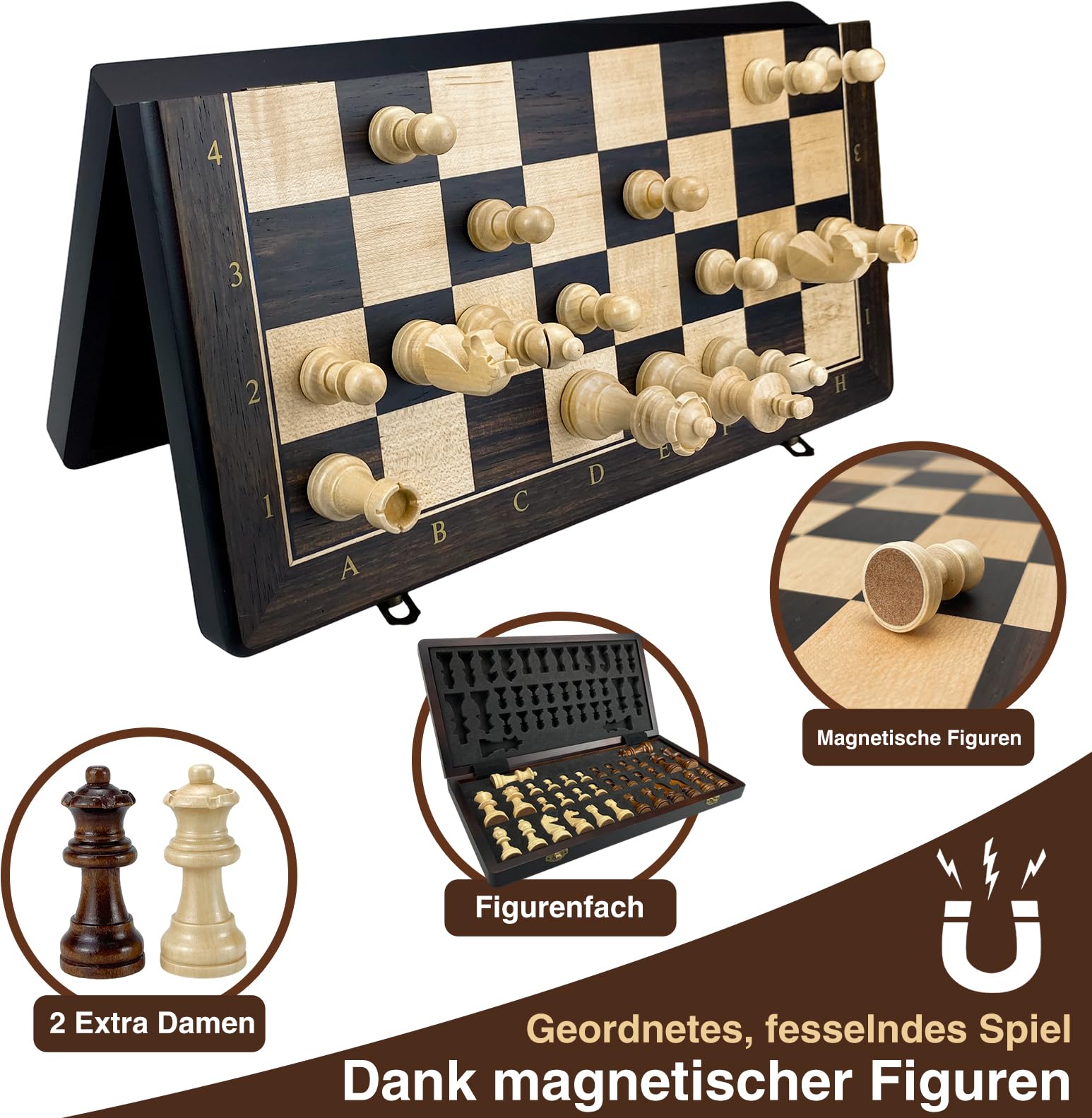 Schachspiel Holz Magnetisch – Faltbares Schachbrett 39 cm, Hochwertiges Wooden Chess Board mit 34 Staunton Figuren inkl. Extra Damen, Tragbares Schachspiel für Erwachsene & Kinder