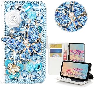 STENES Google Pixel Case - STYLISH - 3D Handmade Bling Crystal Butterfly Flowers Desgin Wallet Credit Card Slots Fold Media Stand Leather Case For Google Pixel - Blue