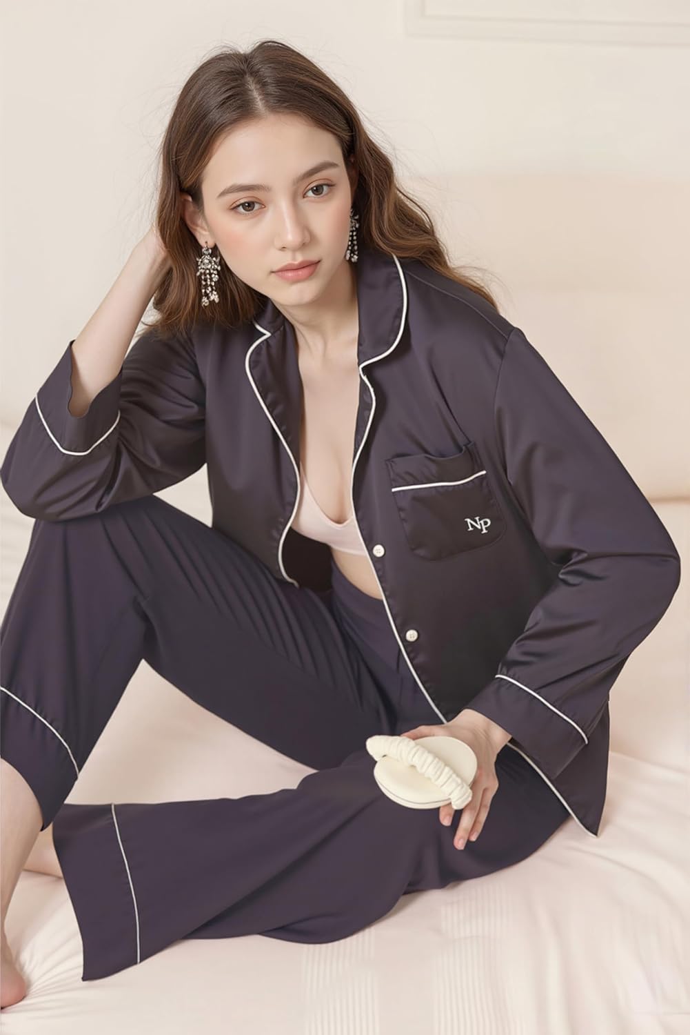 Women's Satin Pajamas, Button Down Long Sleeve Pjs Set, 2 Piece Silk Soft Loungewear with Hairband - Image 7