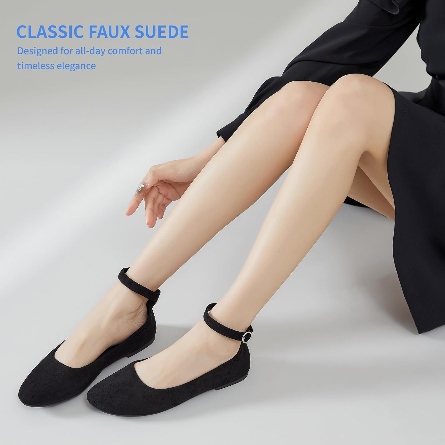 Davena Women Ballet Flats Comfortable Ankle Strap Shoes Round Toe Faux Suede Flats for Business