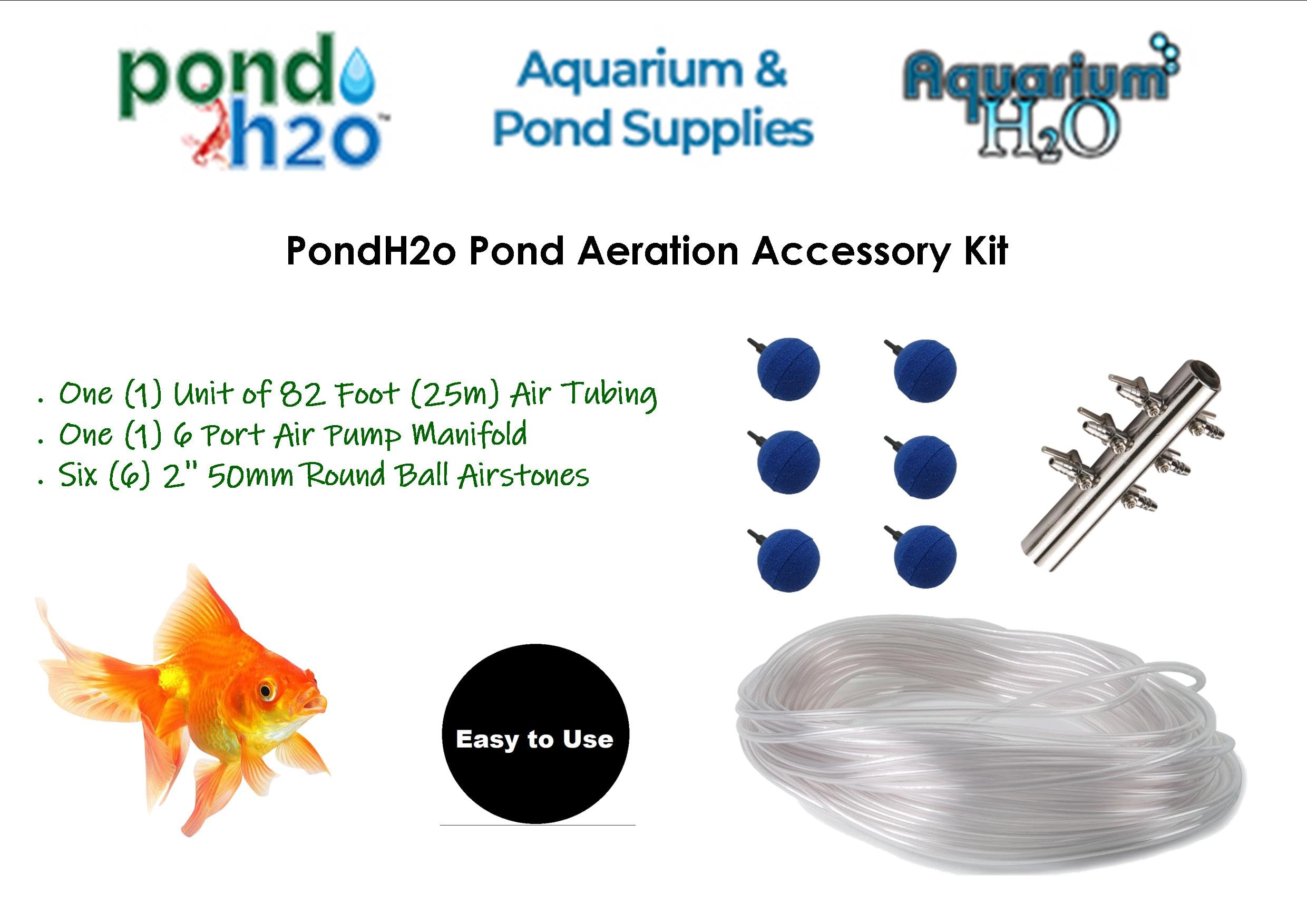 Pond H2o Aeration Accessory Kit for Water Garden Koi Fish Ponds or Aquariums, Airpump Aerating Accessory Kit Aquaponics and Hydroponics, Includes 82' of Tubing, 6 Airstones and 6 Way Air Manifold