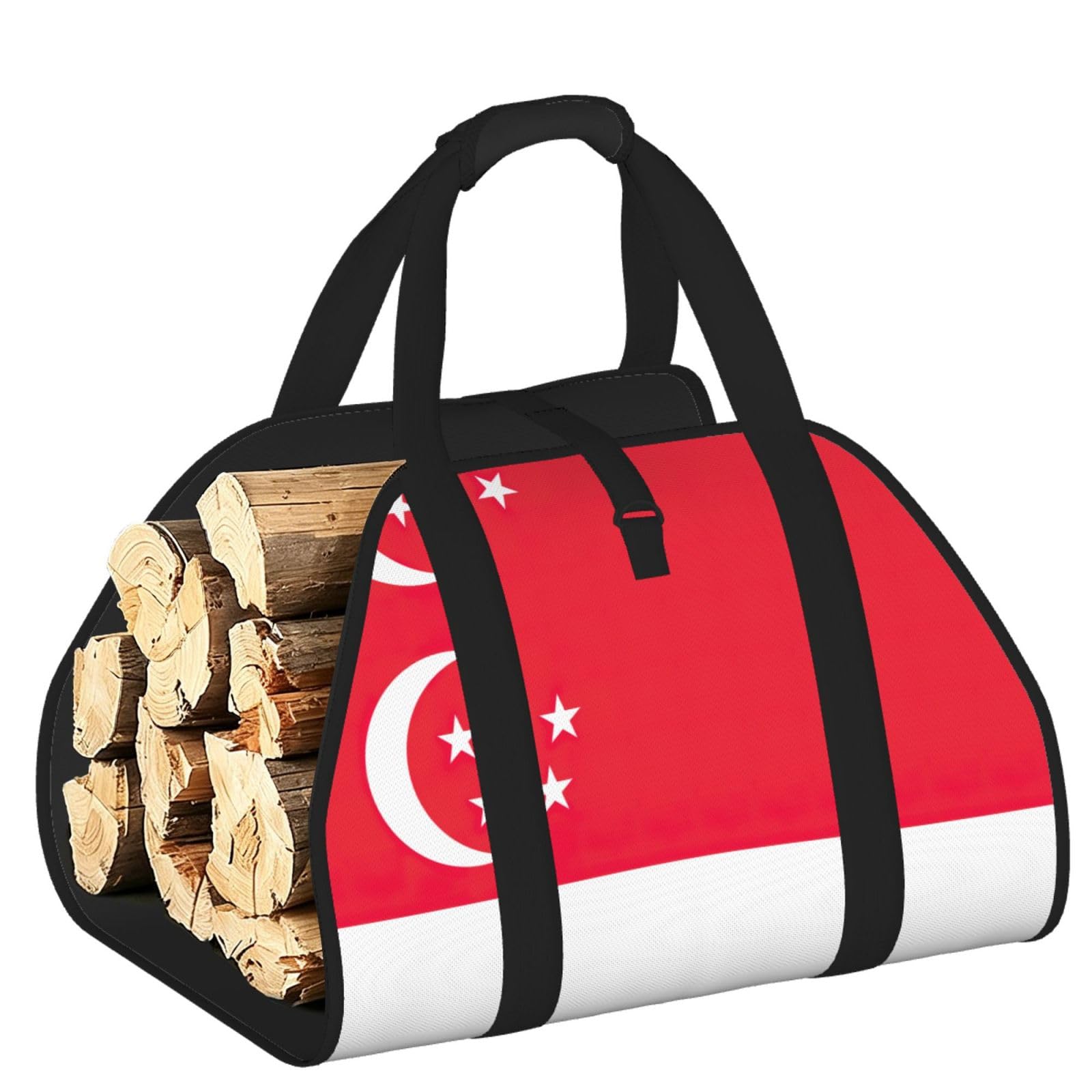 Singapore Flag Printed Firewood Log Carrier, Large Tote Bag with Reinforced Handles for Camping Fireplace Home