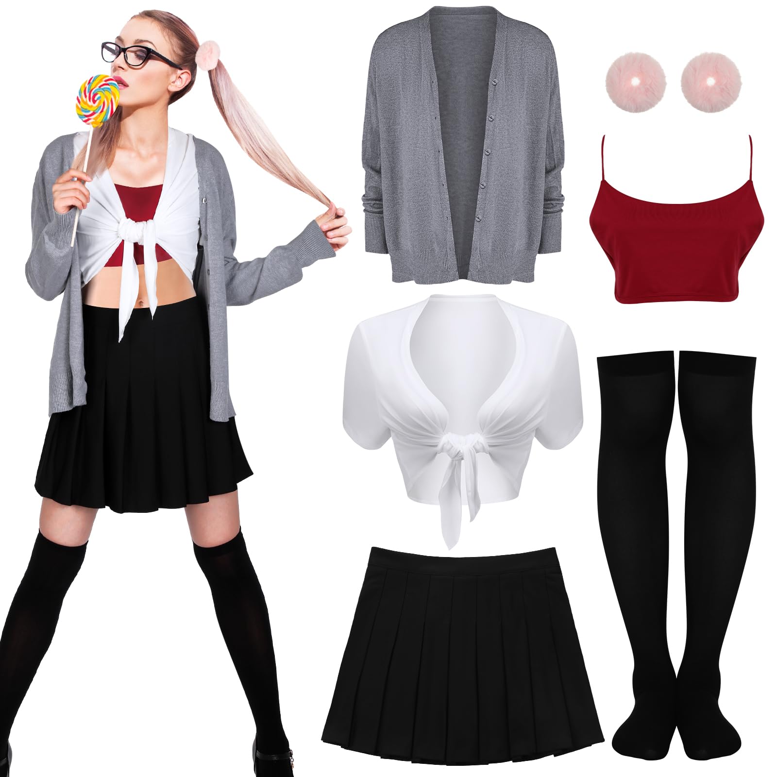 Jeyiour 6 Pcs Halloween Pop Singer Costume Furry Scrunchies Tie up Shirt Pleated Skirt Cardigan Sweater Top Knee Sock