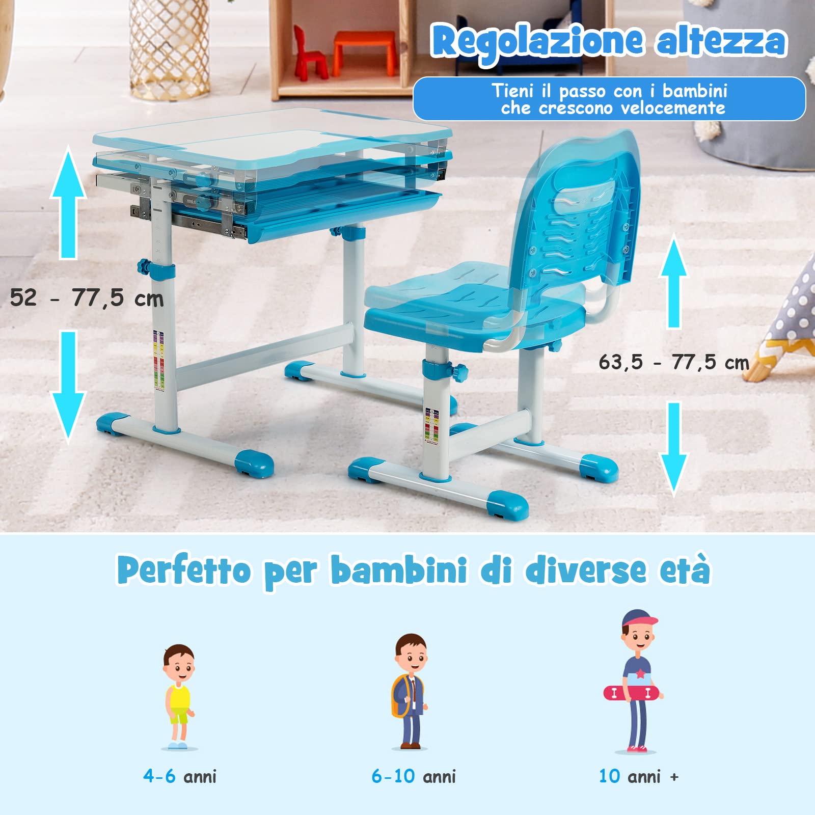 COSTWAY Set Scrivania e Sedia per Bambini, Set Tavolo con Altezza Regolabile per Bambini, Tavolo per Studiare con Superficie Inclinabile (Blu)