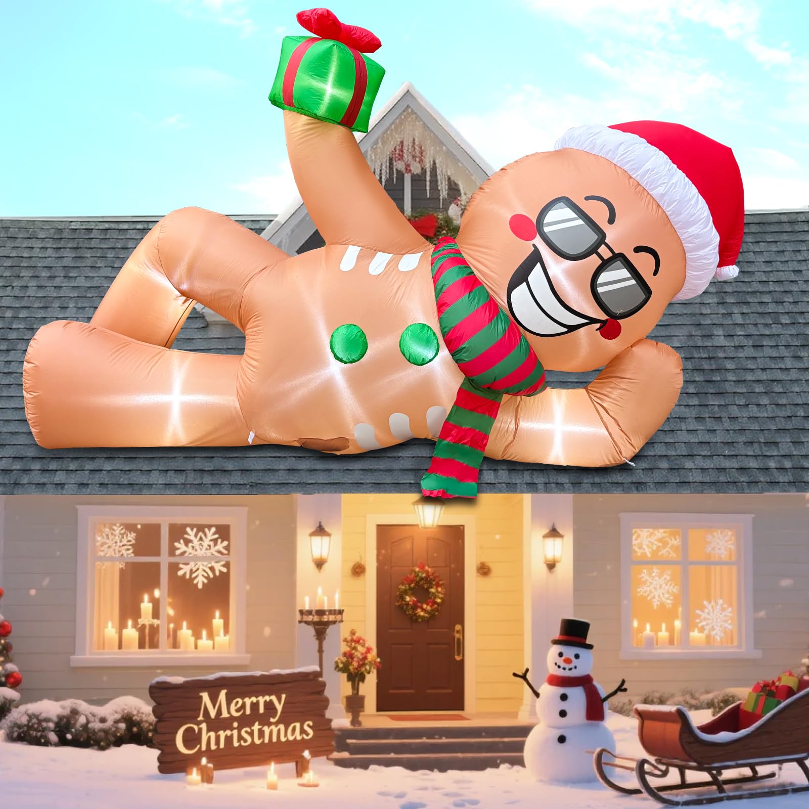 Bonhomme en pain d'épice gonflable géant de 2,8 m - Décoration d'extérieur - Bonhomme en pain d'épice endormi géant avec lumières LED pour avant-toit, extérieur, jardin, pelouse, Noël, hiver