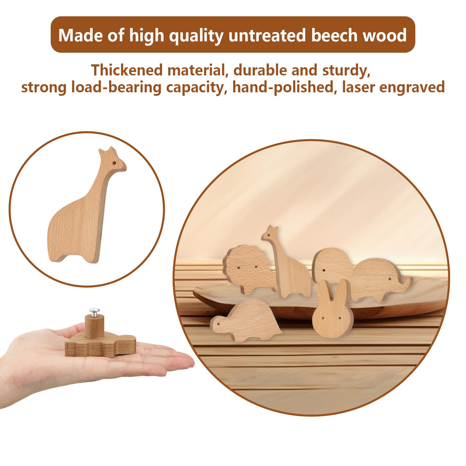 Boutons de Tiroir en Bois Massif,6 Pièces Poignées de Meubles en Bois Pour Animaux,Boutons de Porte D'Armoire en Bois,Poignée de Tiroir Avec Vis,Poignées de Meubles en Bois