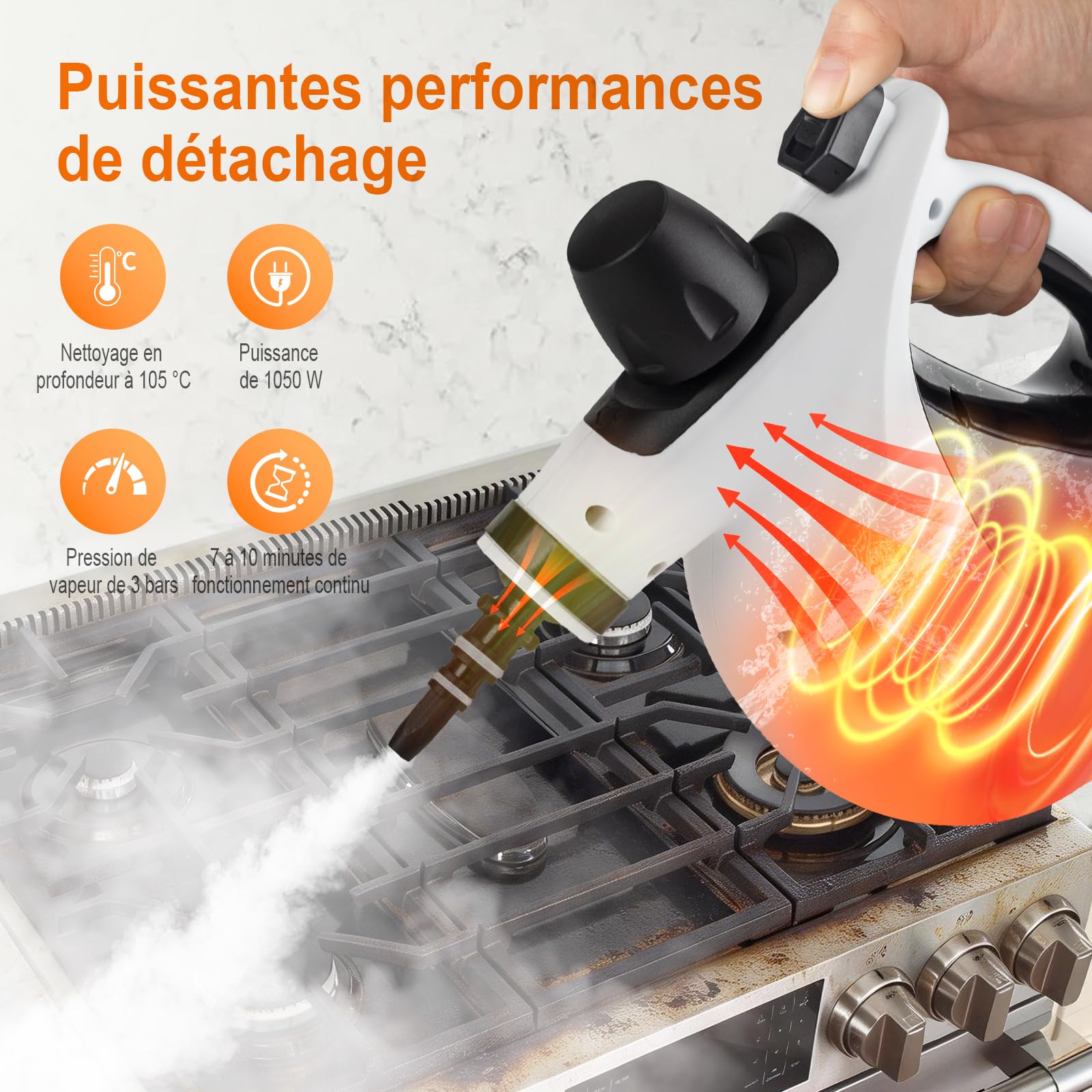 Ibergrif Nettoyeur Vapeur Portatif, 1050W avec 9 Accessoires, 3 Bar Haute Pression, Solution Sans Produits Chimiques, pour Canapé, Cuisine, Joints et Vitres, 350ml, Blanc