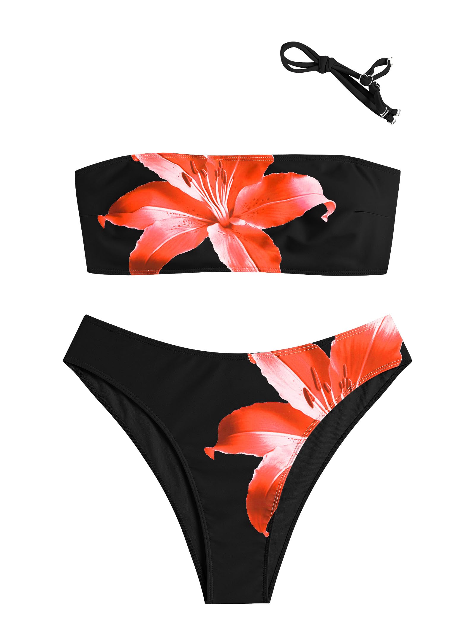 ZAFUL Women's High Cut Bandeau Bikini Set Strapless 2 Pieces Bathing Suit | Solid Color Swimsuit High-waisted Bikini Set
