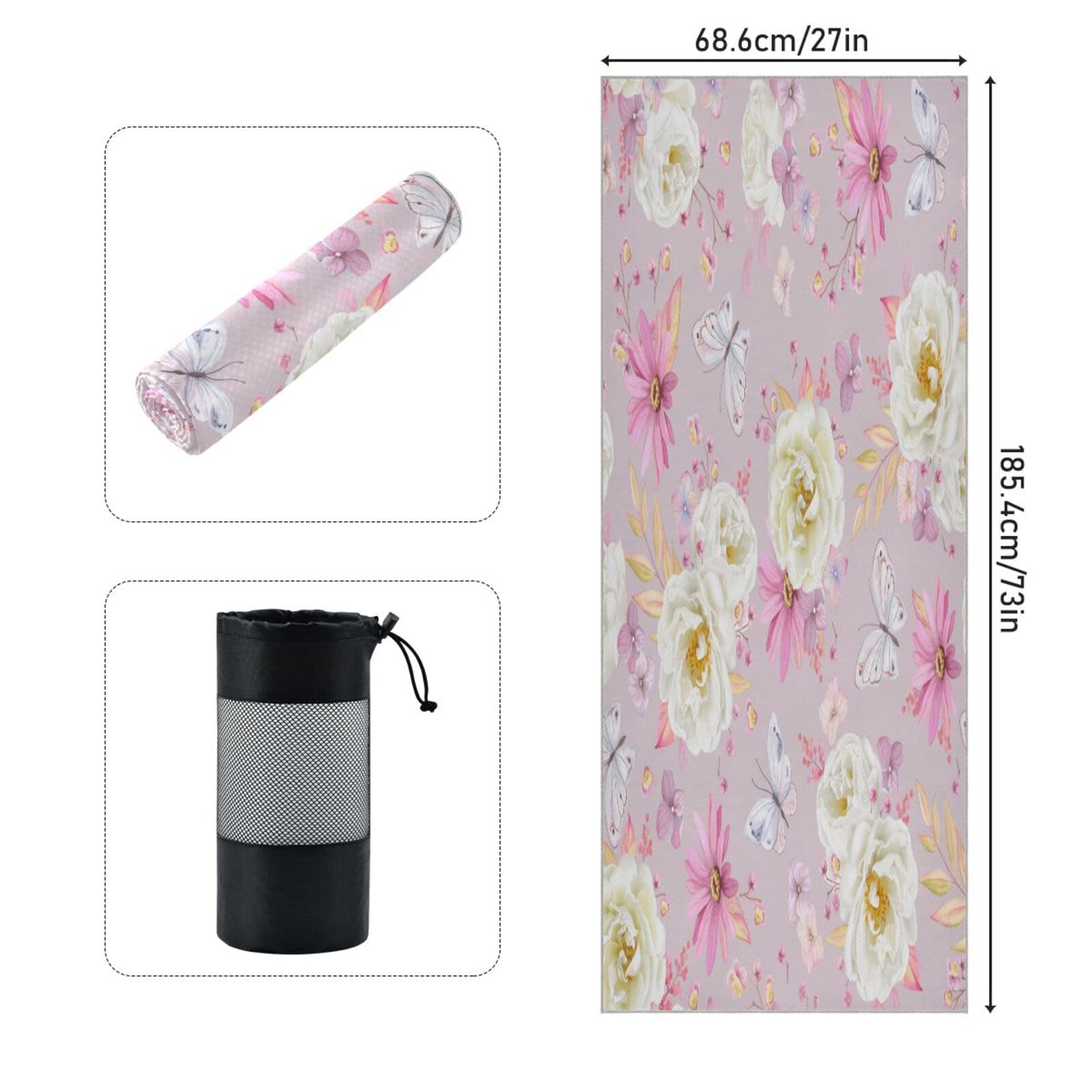 pnyoin Spring White Rose Yoga Towel,Hot Yoga Mat Towel with Grip Dots Sweat Absorbent Non-Slip for Hot Yoga, 24