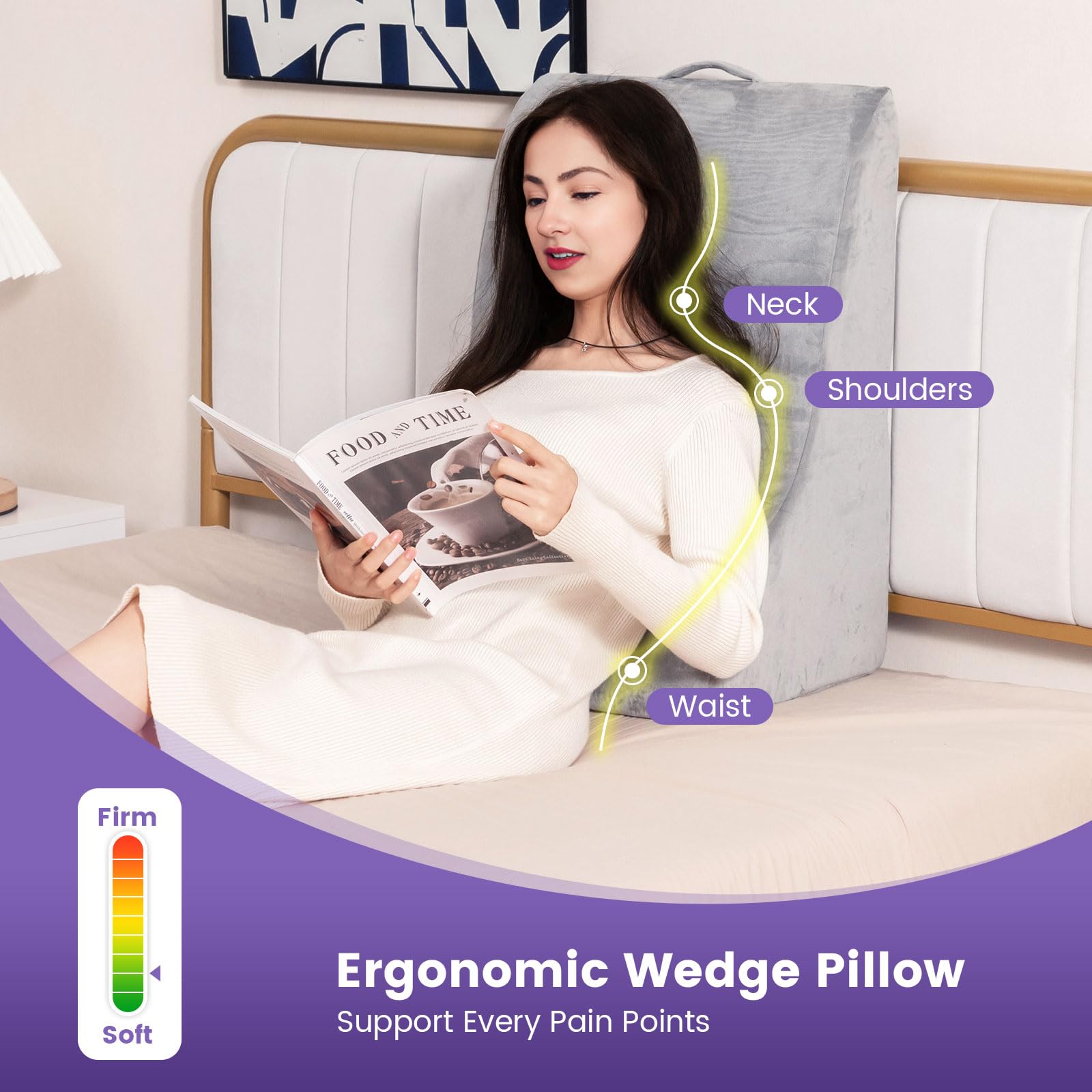GIANTEX Cojín de lectura para sofá y cama, cojín cómodo y suave con funda extraíble, cojín en cuña, soporte para espalda y piernas, con diseño ergonómico y asa