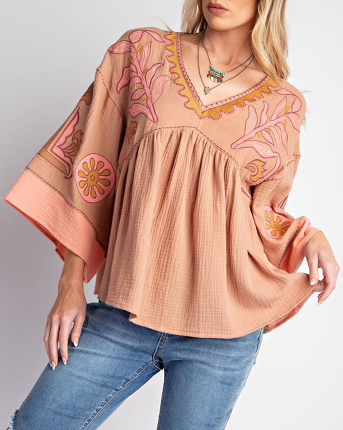 Womens Floral Printed Blouse V-Neck 3/4 Sleeves Loose Fit Vintage Babydoll Tops - Image 2