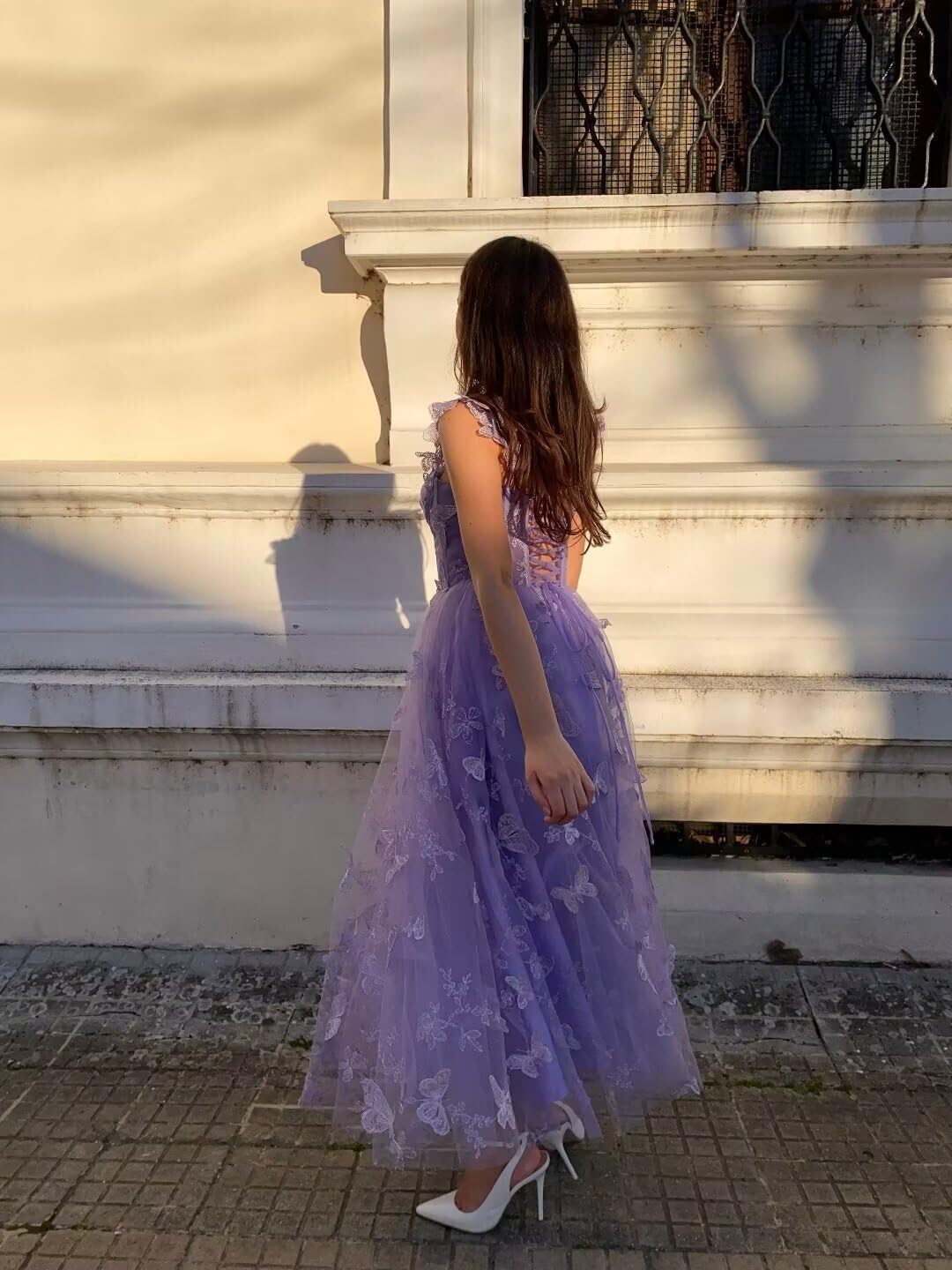 Tulle 3D Butterflies Prom Dresses for Teens Embroidered Spaghetti Strap Evening Party Gowns with Pocket