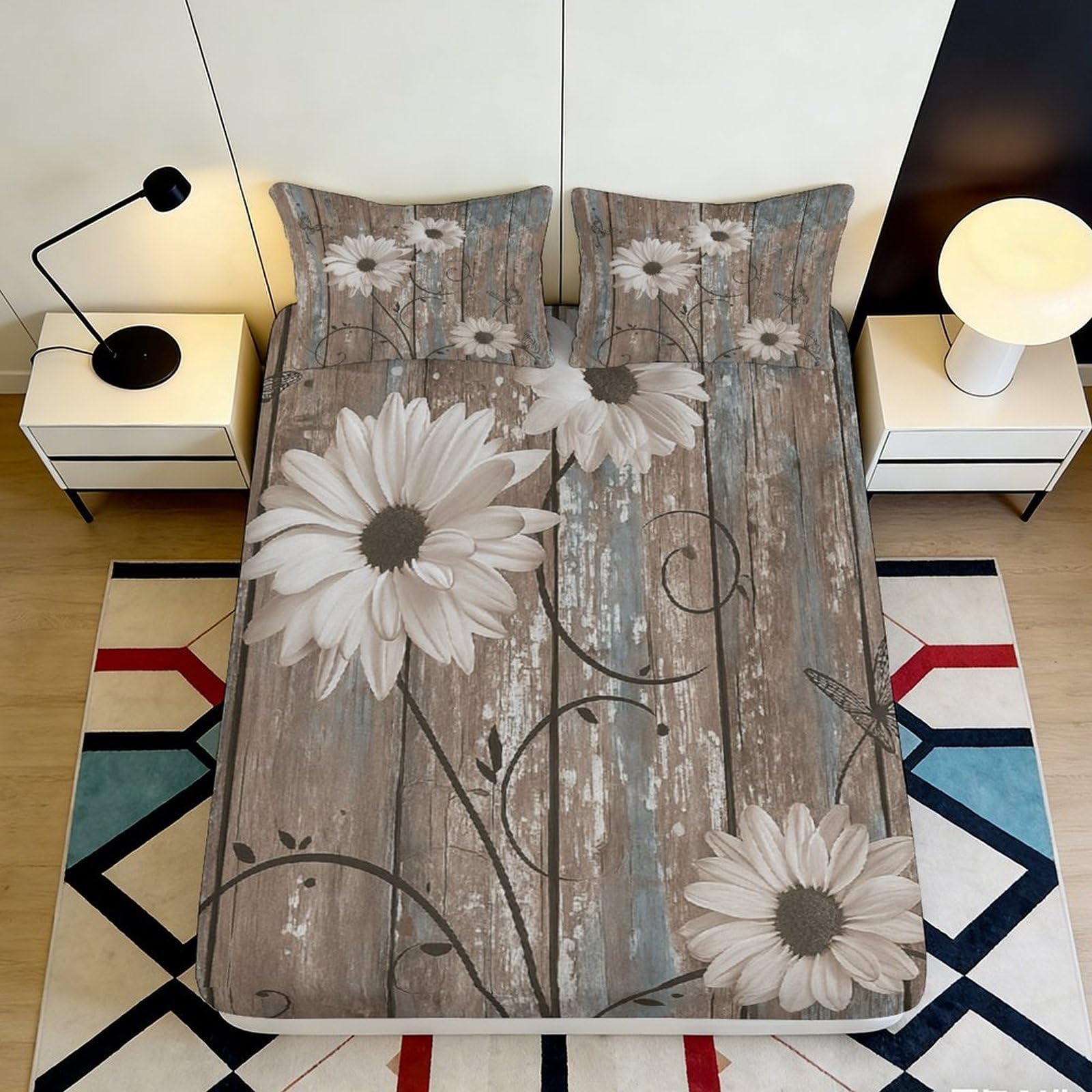 Pnayamiorkfel Style-7 3D Printed Rustic Wood Floral Fitted Sheet Microfiber Soft Daisy Mattress Cover Bedroom Guest Room Decor Washable 90X200x25cm