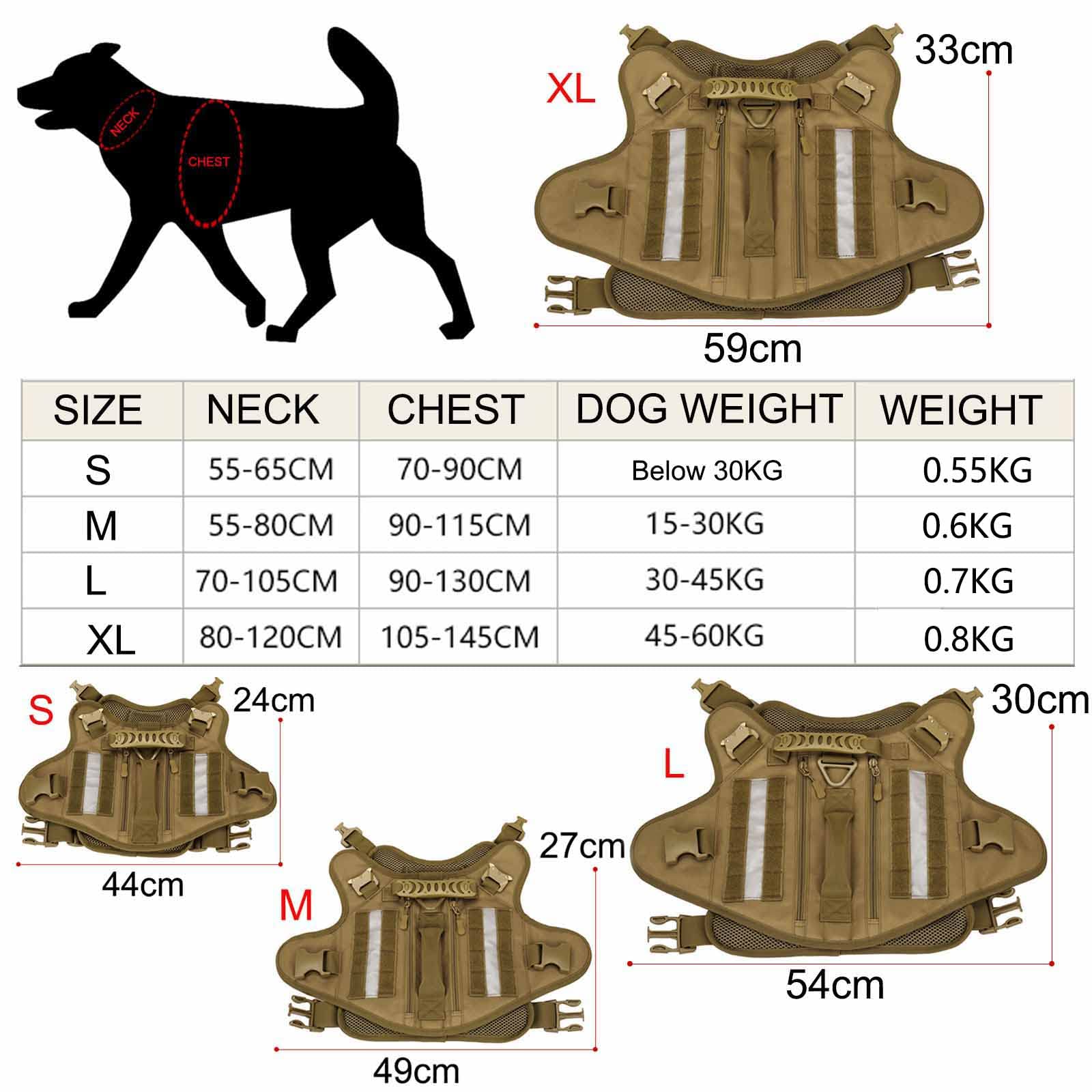 Hundegeschirr & Hundeleine für mittelgroße, große Hunde Reflektierend Reißverschluss-Taschen Taktisch Molle Hundeweste Gepolstert Brustgeschirr (XL, Schwarz)