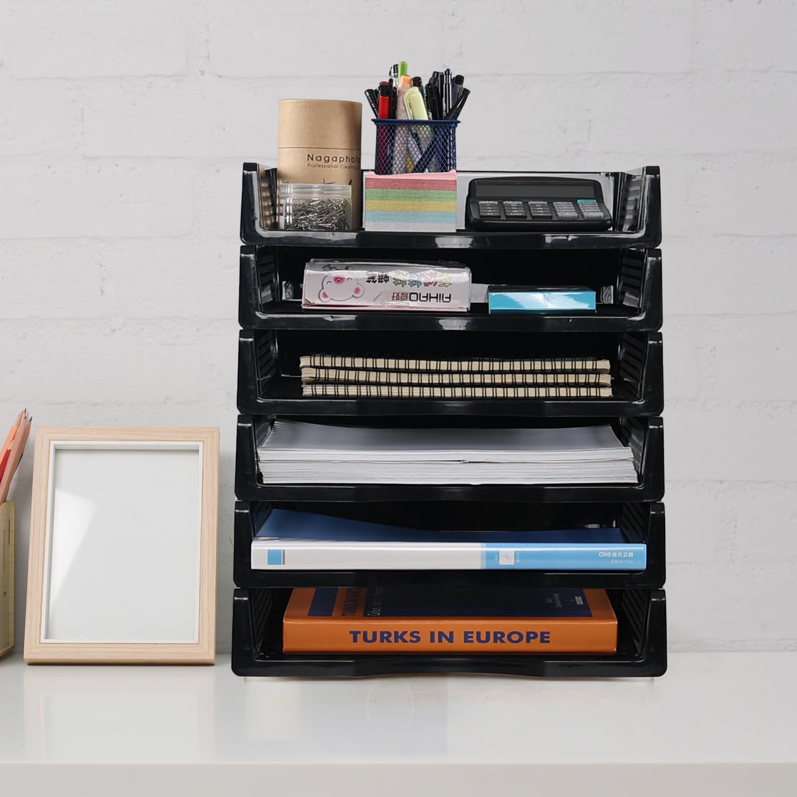Stapelbare A4-Aktenablage, 6 Ebenen, Büro-Schreibtisch, Dokumente, Organizer, Regal, Kunststoff-Briefablage, Schwarz